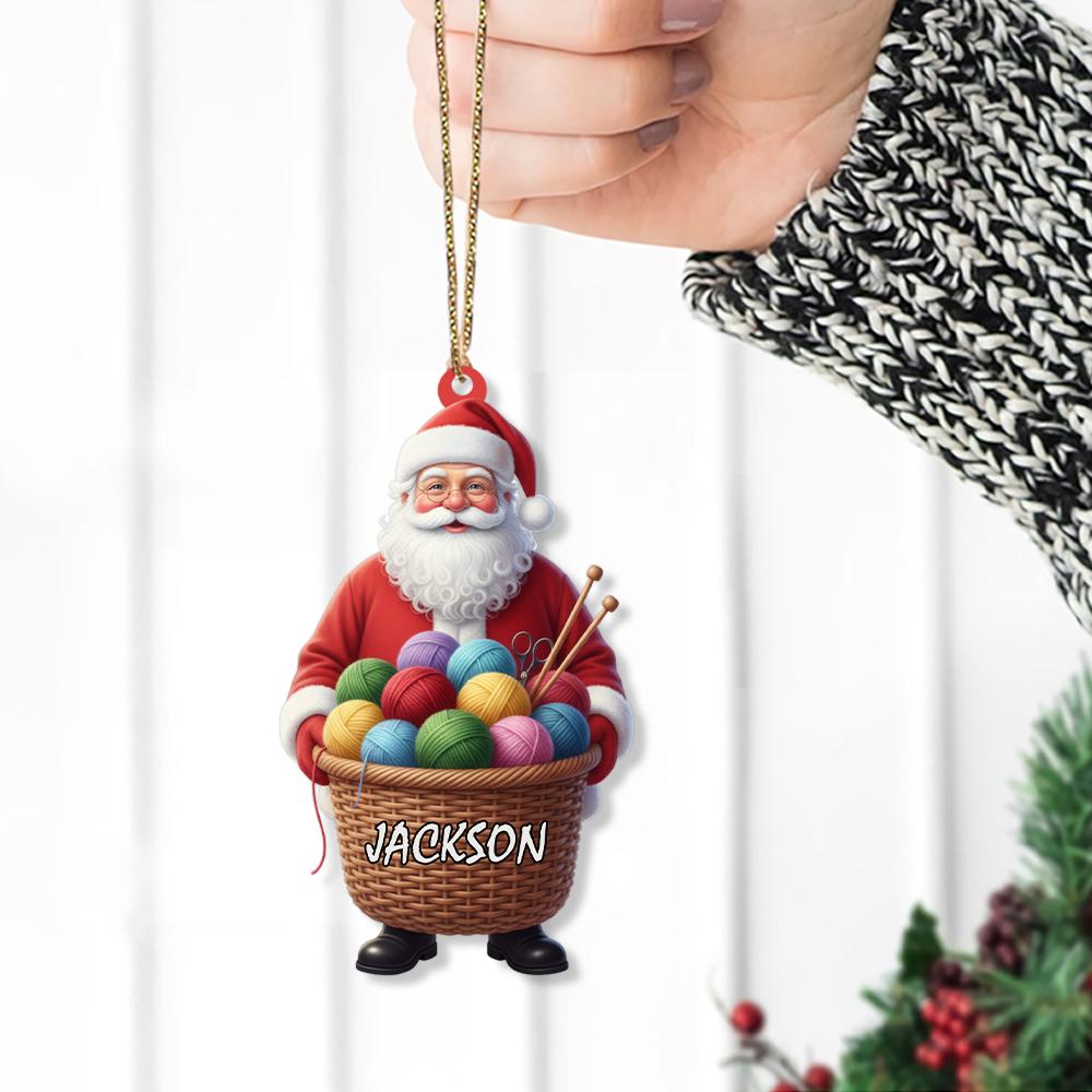 Personalized Santa Ornament with Yarn Basket and Knitting Needles – Custom Name Christmas Tree Decoration