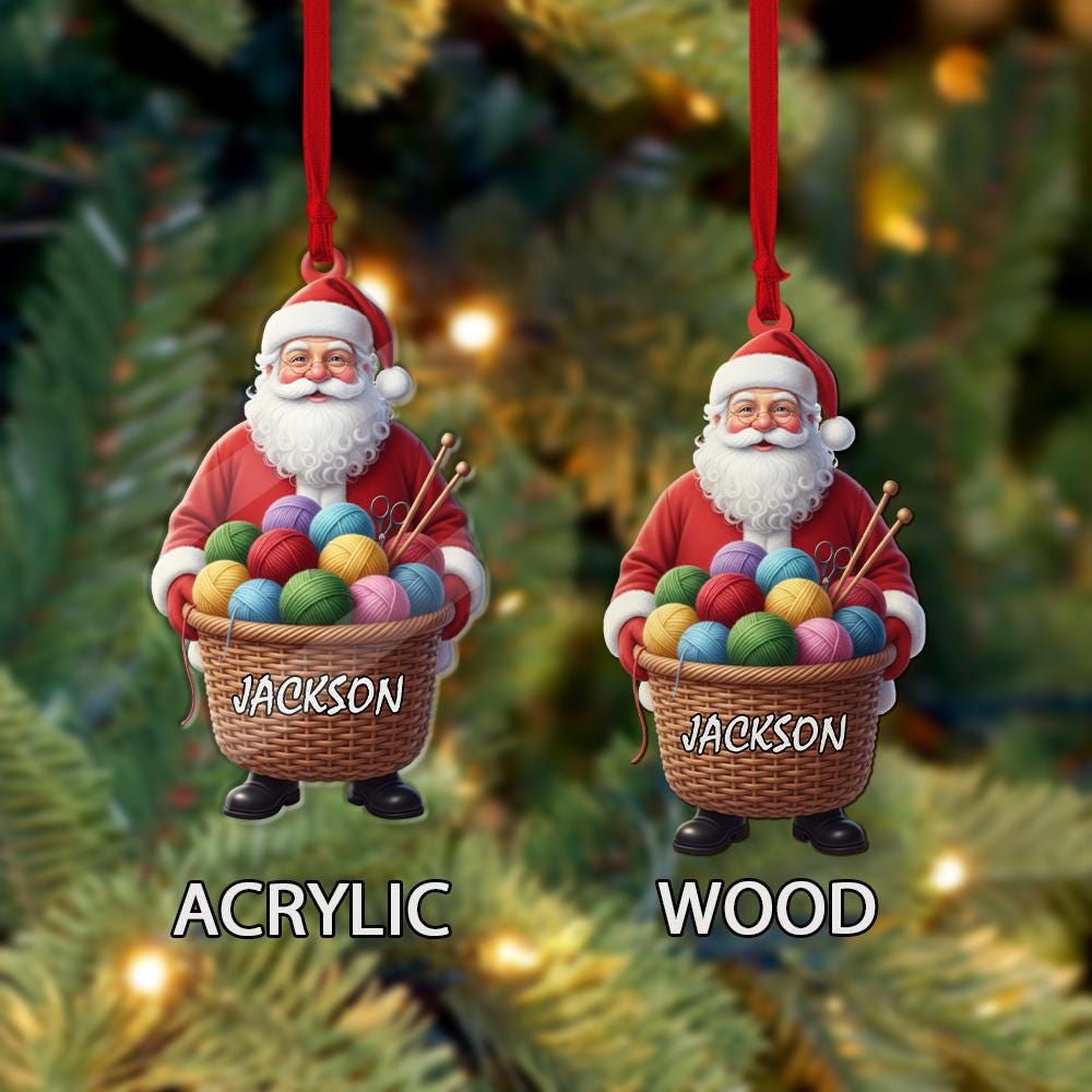 Personalized Santa Ornament with Yarn Basket and Knitting Needles – Custom Name Christmas Tree Decoration