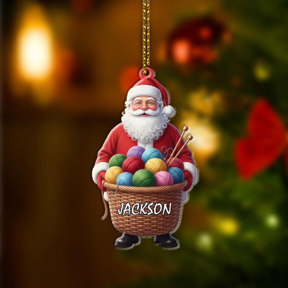 Personalized Santa Ornament with Yarn Basket and Knitting Needles – Custom Name Christmas Tree Decoration