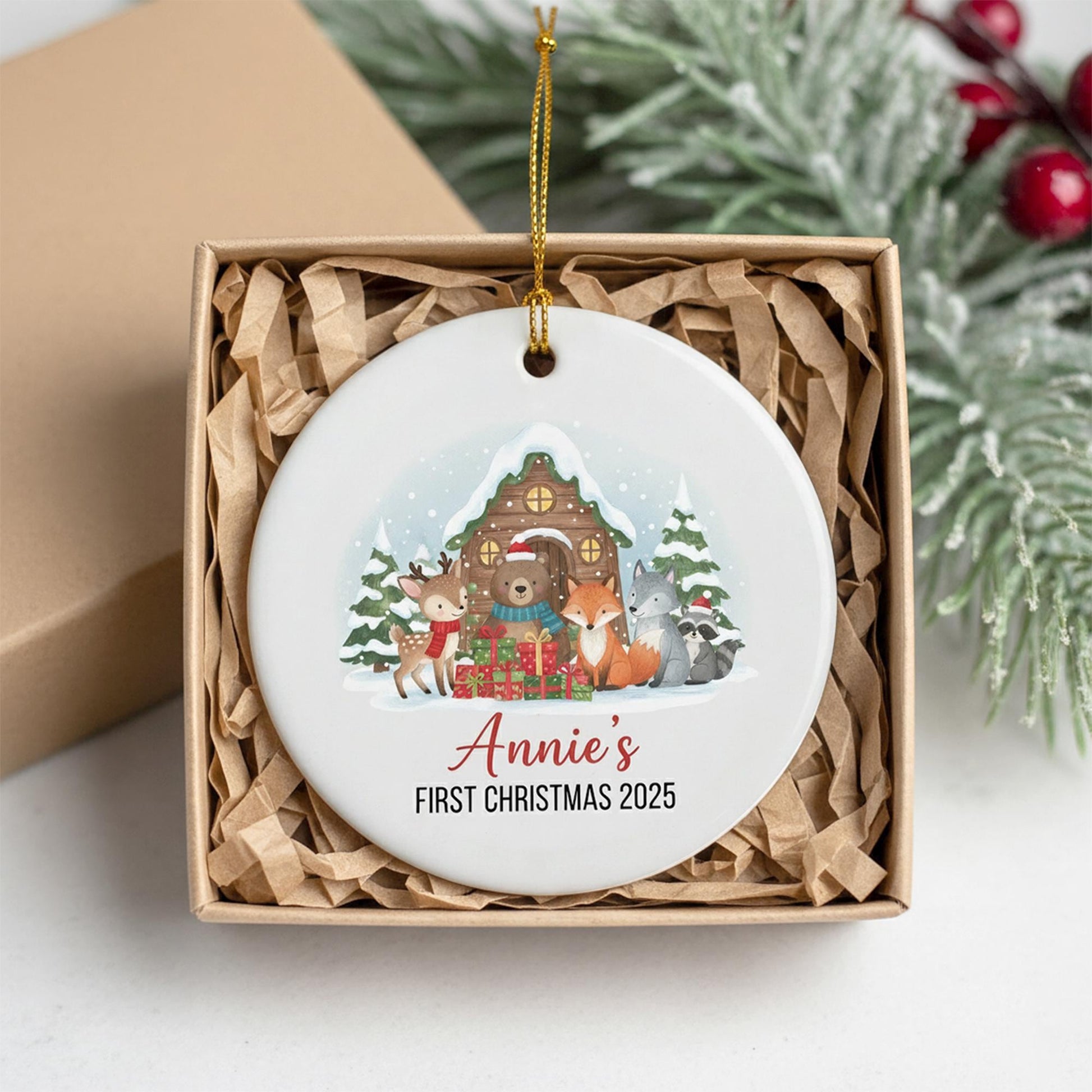 Baby’s First Christmas Ornament 2025 – Personalized Woodland Animal Holiday Keepsake with Name