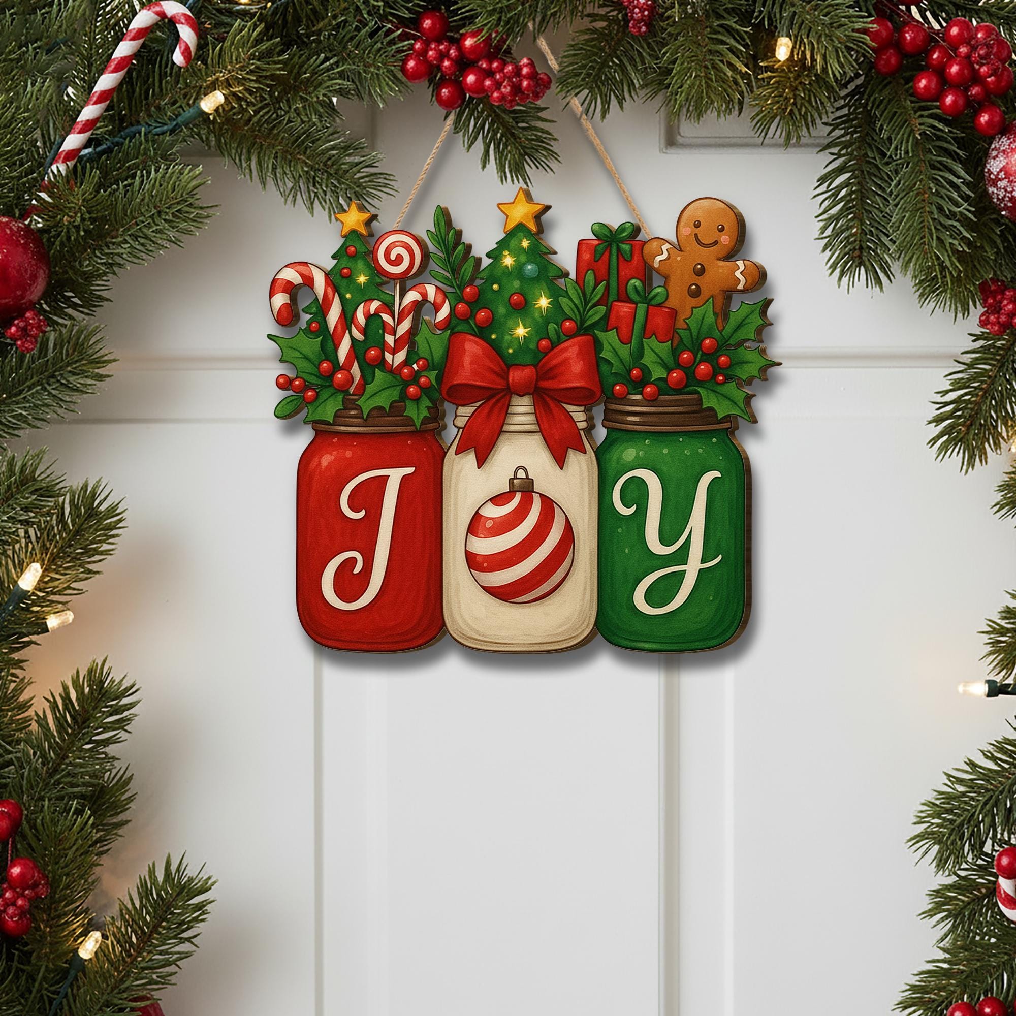 Christmas JOY Jar Hanging Sign – GingerBread Candy Holiday Door Decor