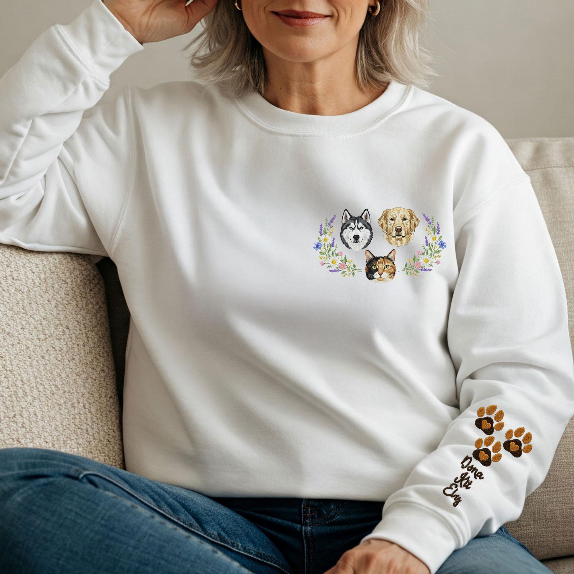 Personalized Pet Portrait Sweatshirt: Custom Embroidered Crewneck with Sleeve Names