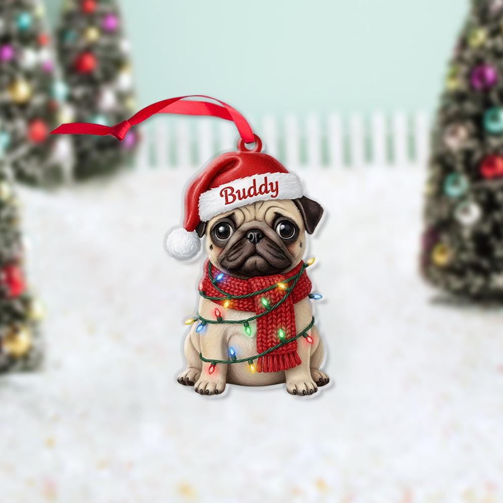 Personalized Pug Ornament, Custom Dog with Christmas Lights and Hat, Holiday Tree Decoration