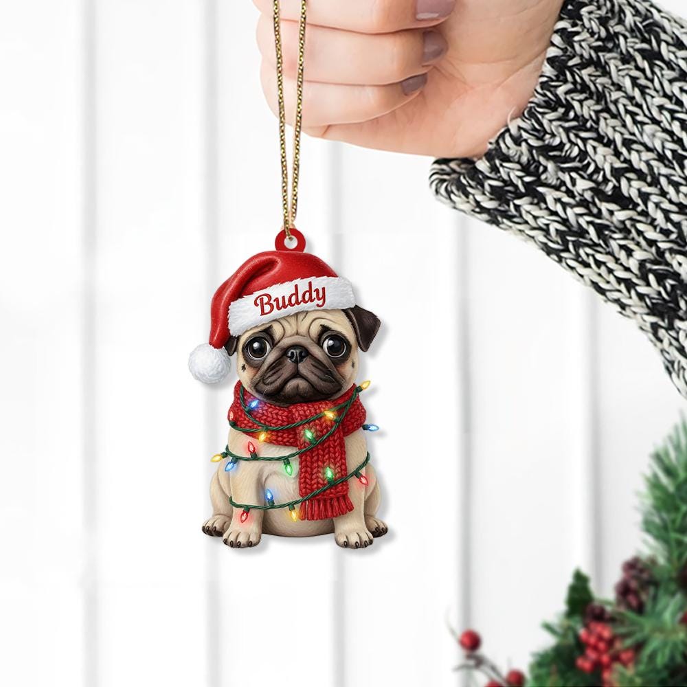Personalized Pug Ornament, Custom Dog with Christmas Lights and Hat, Holiday Tree Decoration
