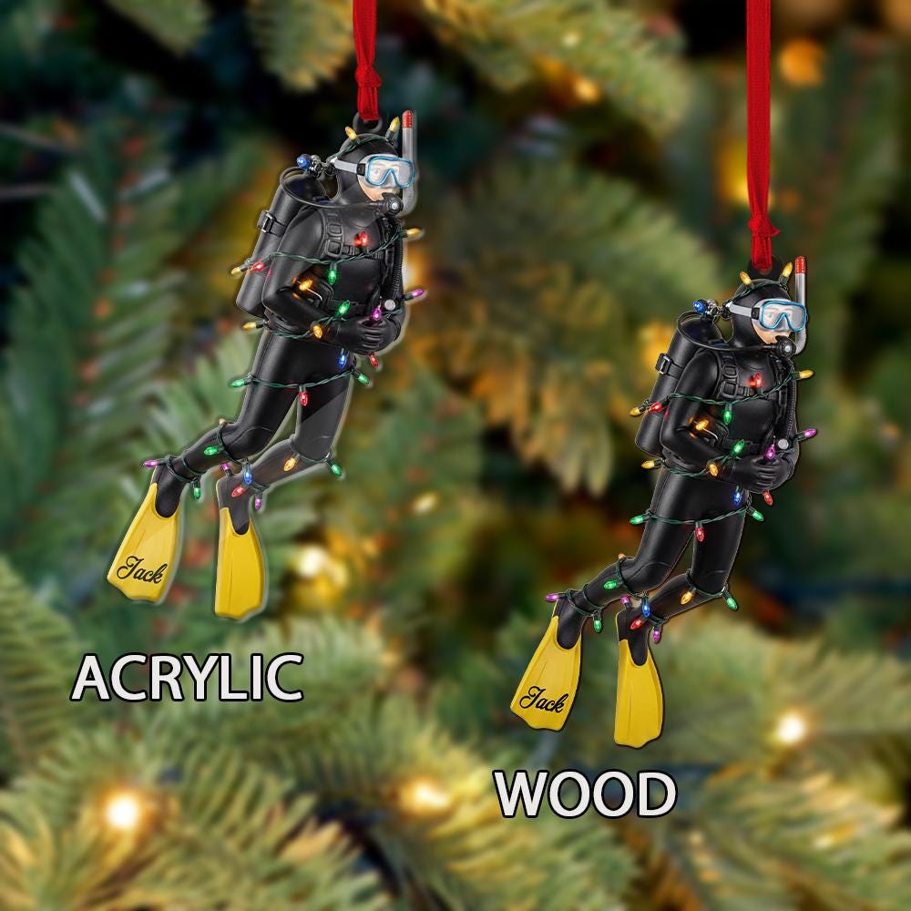 Personalized Scuba Diver Ornament – Custom Name Christmas Decoration with Diving Gear and Holiday Lights
