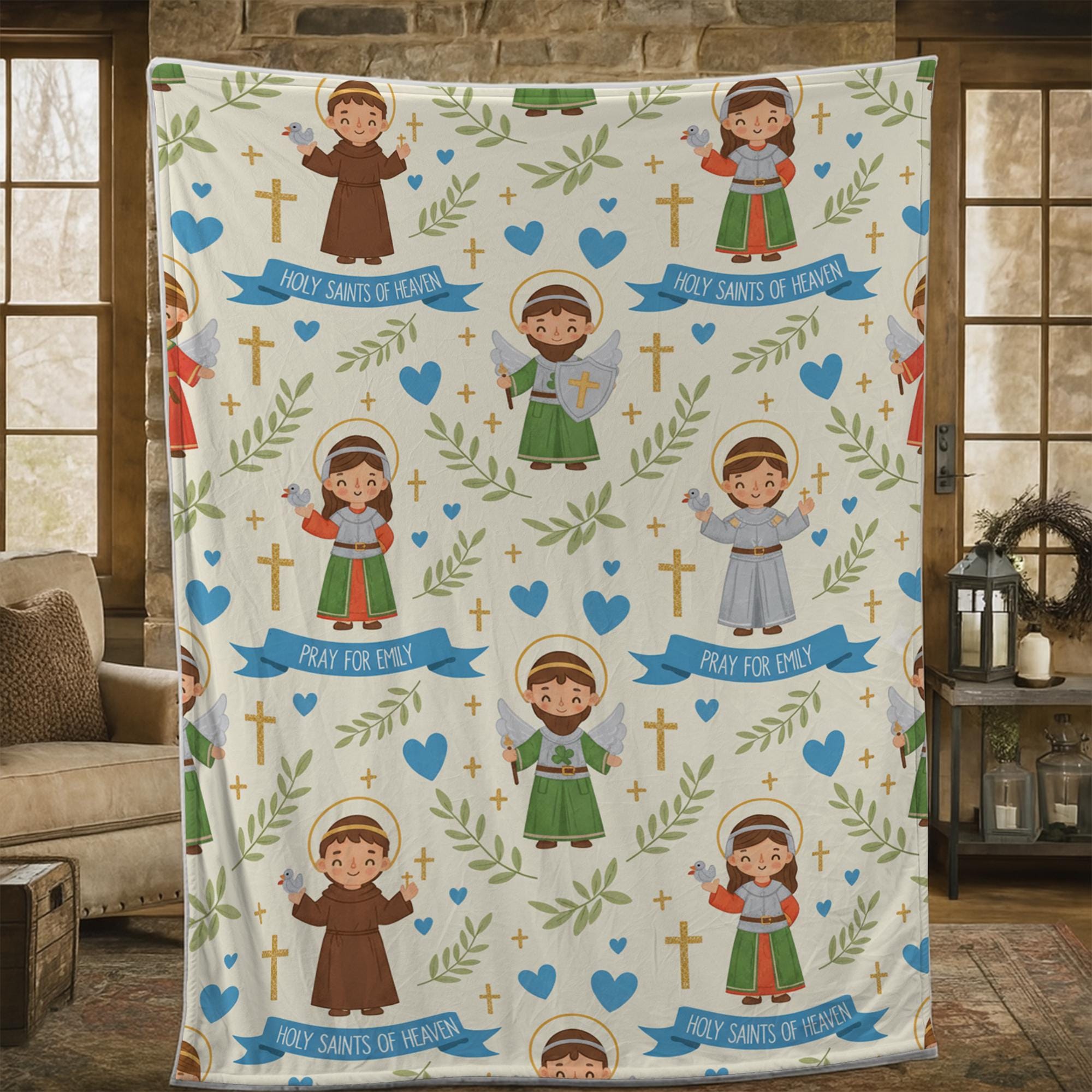 Custom Catholic Saints Fleece Blanket – Personalized Religious Throw with Holy Saint Illustrations