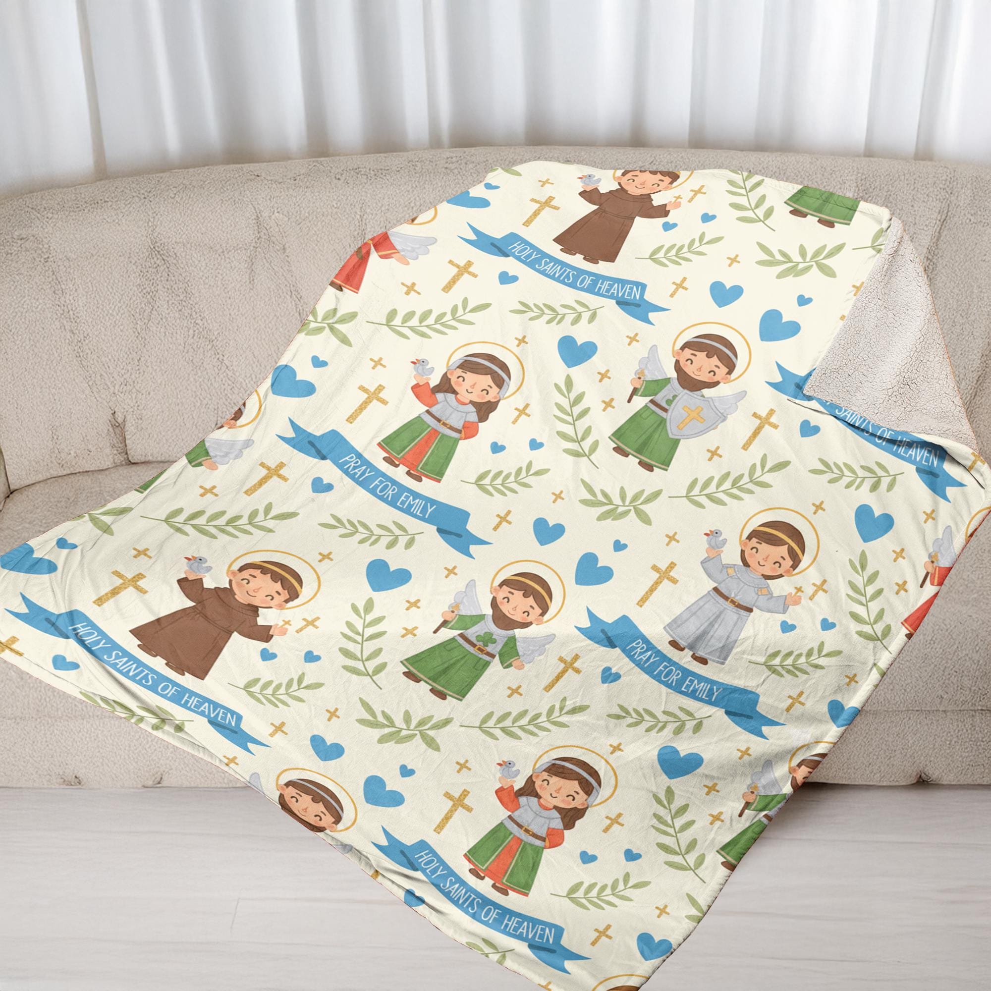 Custom Catholic Saints Fleece Blanket – Personalized Religious Throw with Holy Saint Illustrations