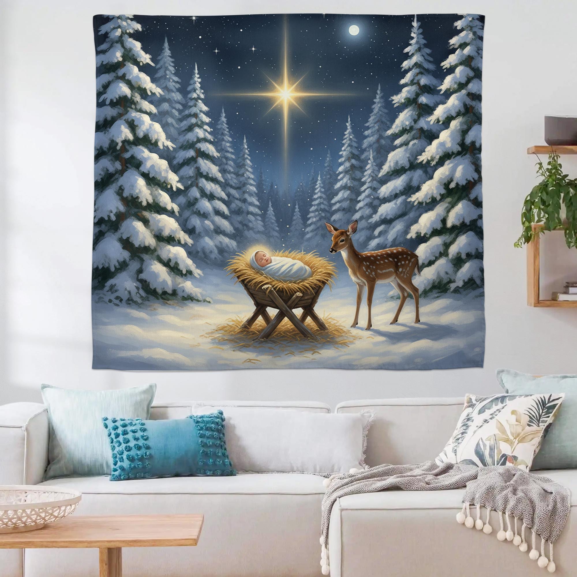 Christmas Nativity Tapestry Baby in Manger Winter Forest Scene Wall Hanging