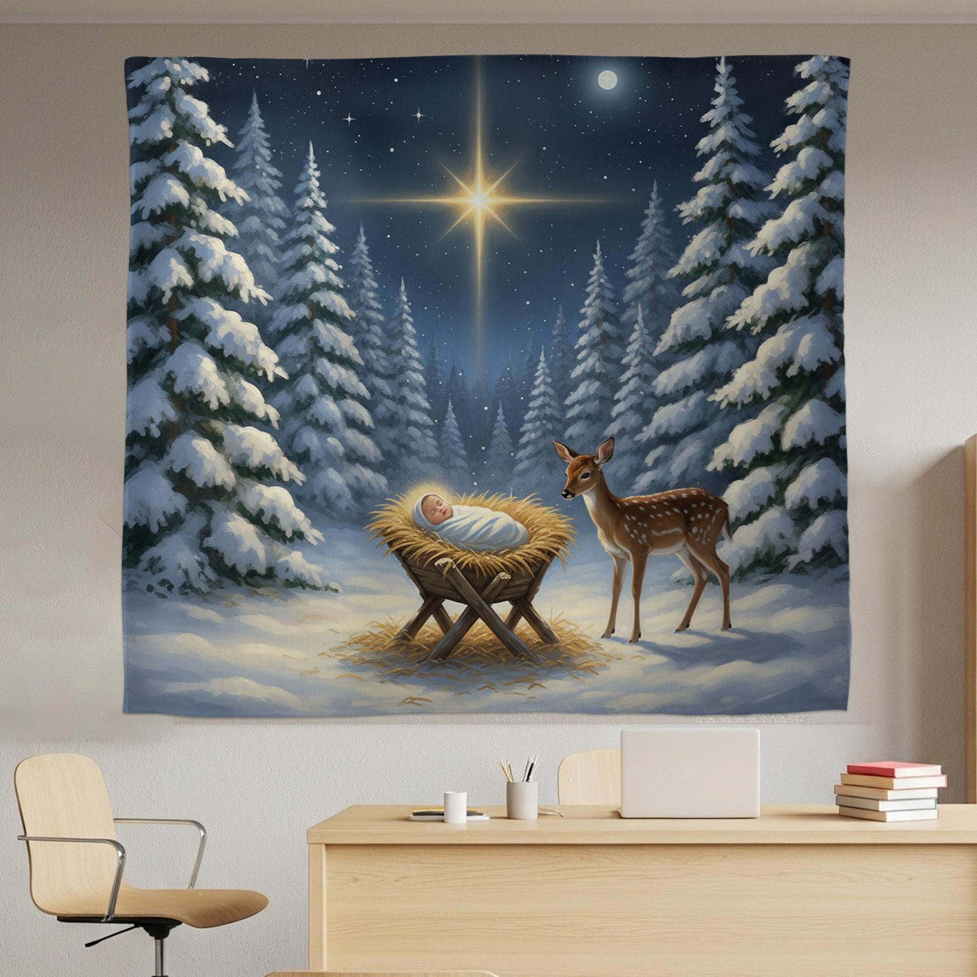 Christmas Nativity Tapestry Baby in Manger Winter Forest Scene Wall Hanging