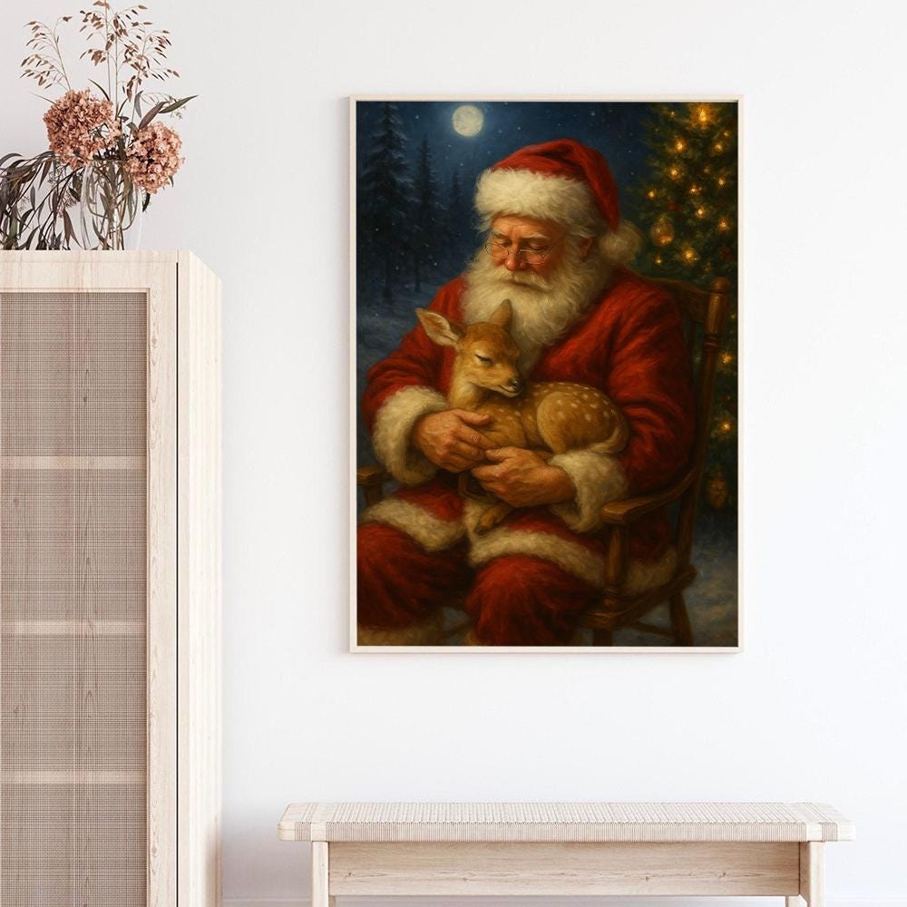 Santa with Fawn Poster – Christmas Wall Art Featuring Santa Holding a Baby Deer