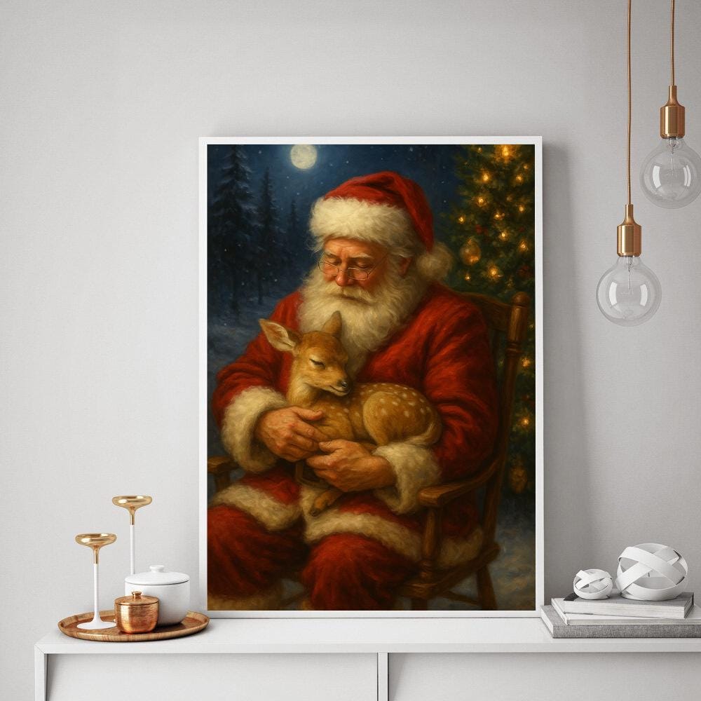 Santa with Fawn Poster – Christmas Wall Art Featuring Santa Holding a Baby Deer