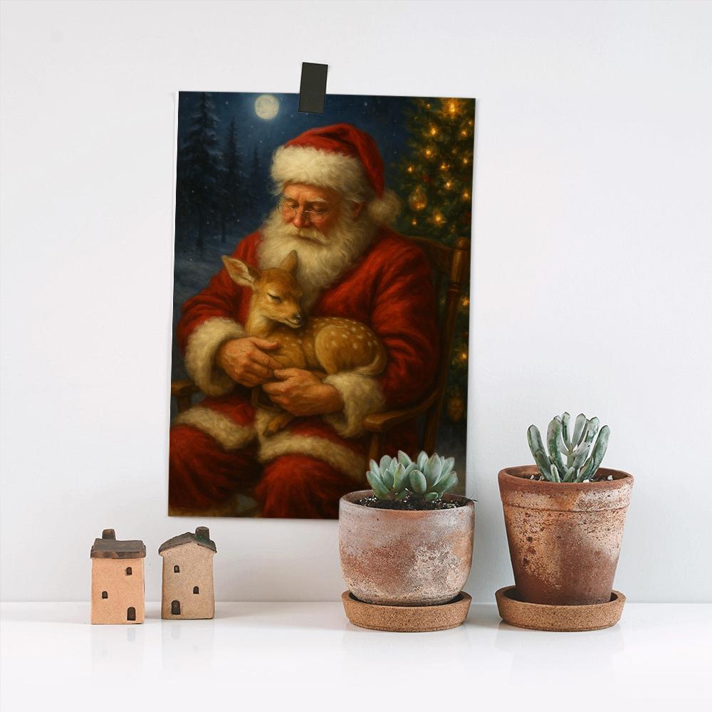 Santa with Fawn Poster – Christmas Wall Art Featuring Santa Holding a Baby Deer