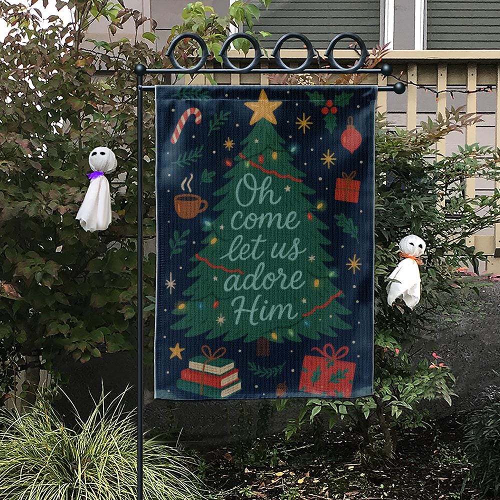 Christmas Tree Garden Flag: Oh Come Let Us Adore Him Holiday Decor