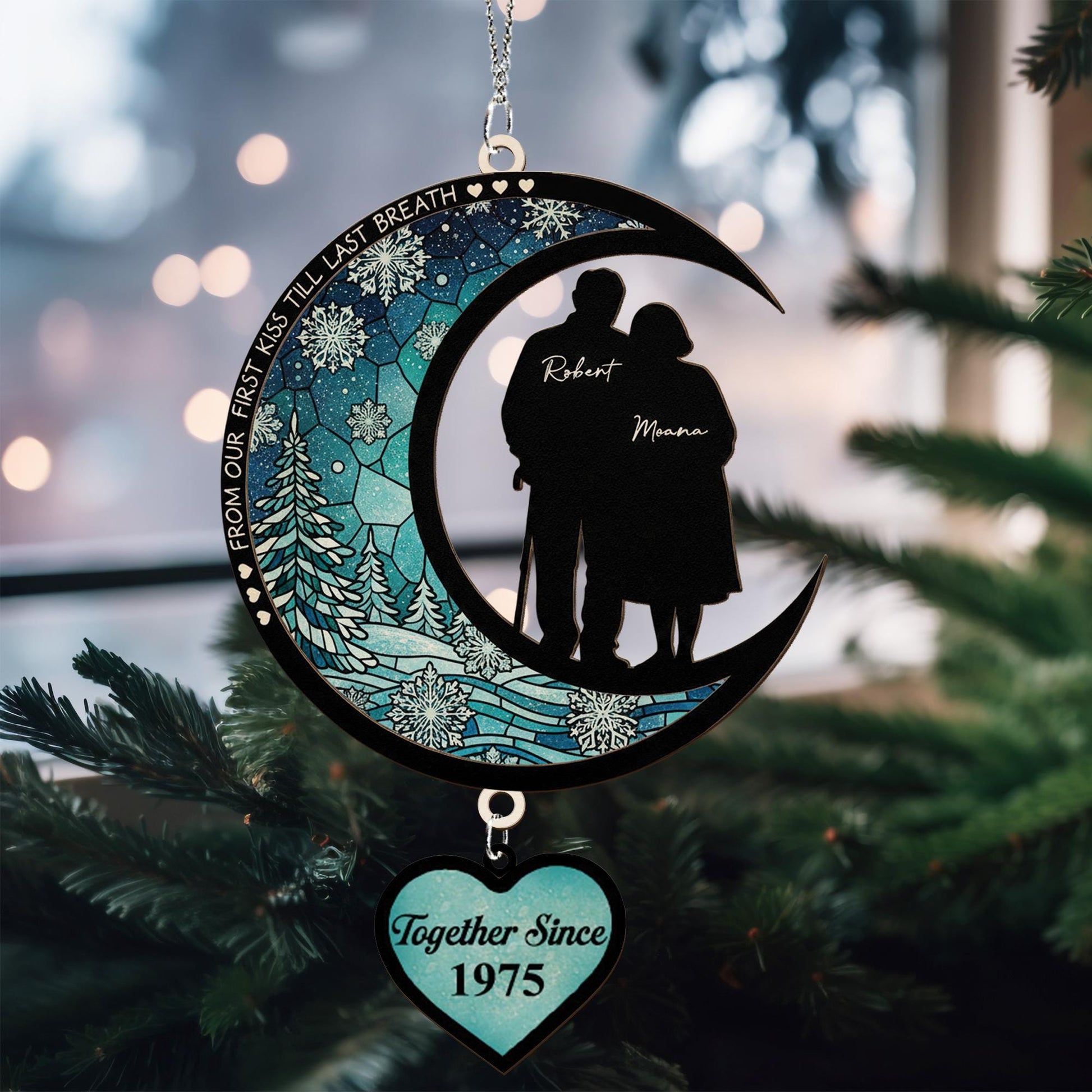Personalized Couple Anniversary Ornament with Heart Charm — Engraved Date Keepsake
