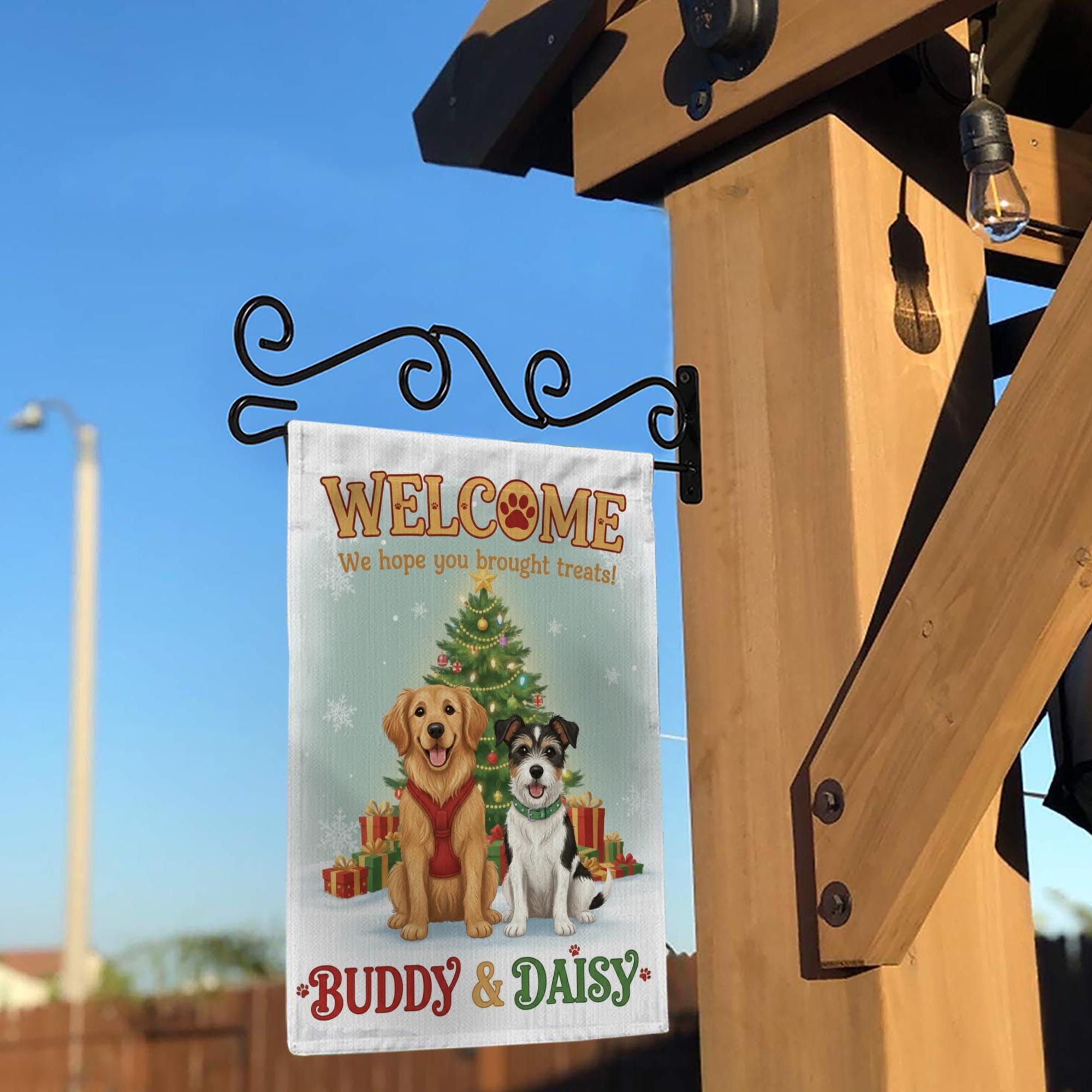 Personalized Dog Garden Flag – Welcome We Hope You Brought Treats, Christmas Outdoor Decor