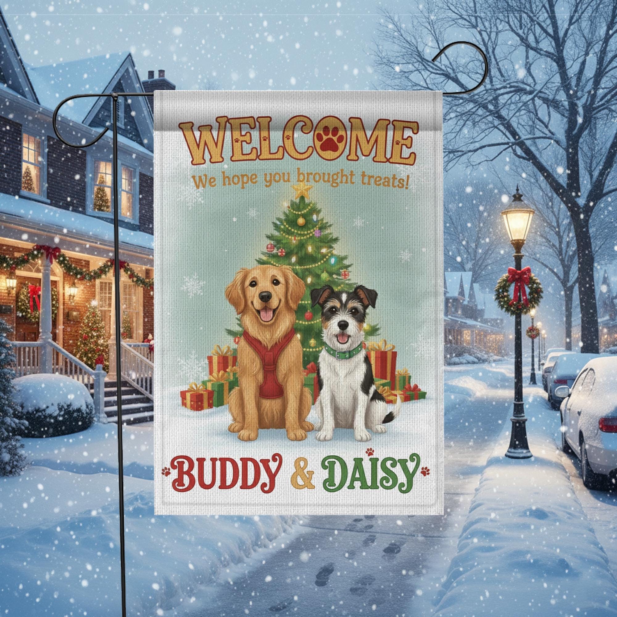 Personalized Dog Garden Flag – Welcome We Hope You Brought Treats, Christmas Outdoor Decor