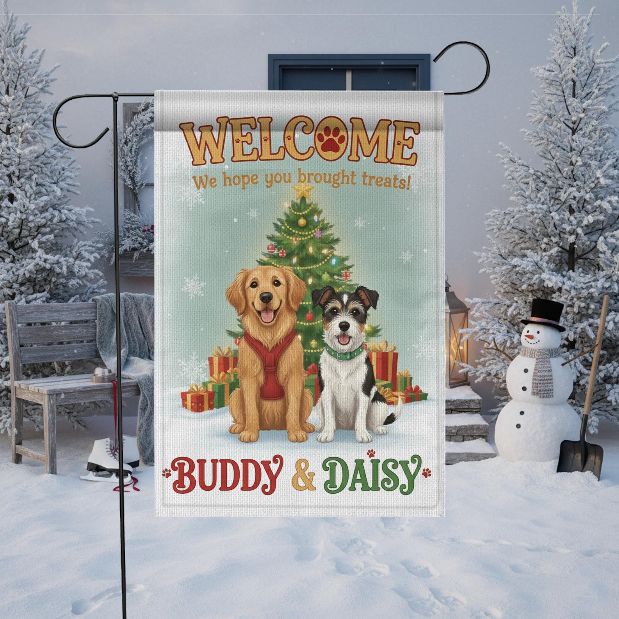 Personalized Dog Garden Flag – Welcome We Hope You Brought Treats, Christmas Outdoor Decor