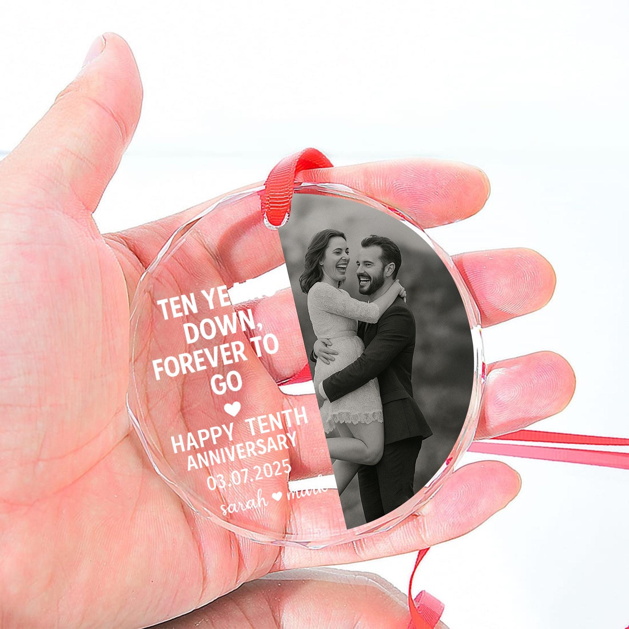 Personalized Glass Photo Ornament | Ten Years Down, Forever to Go Anniversary Keepsake