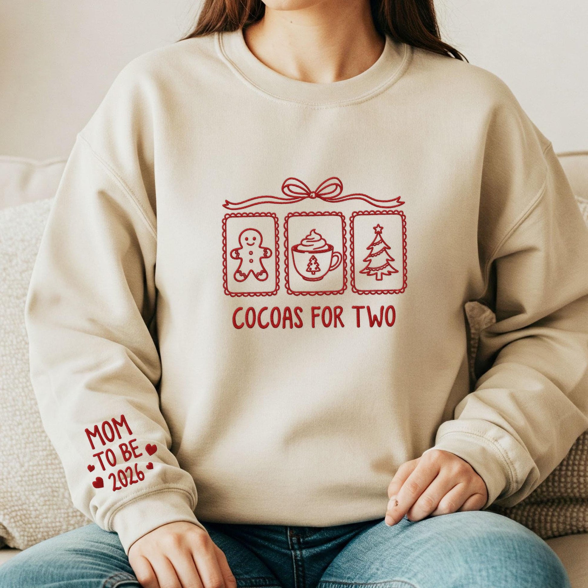 Pregnancy Sweatshirt: Cocoas for Two Embroidered Pullover, Mom-to-Be 2026 Maternity Holiday Apparel
