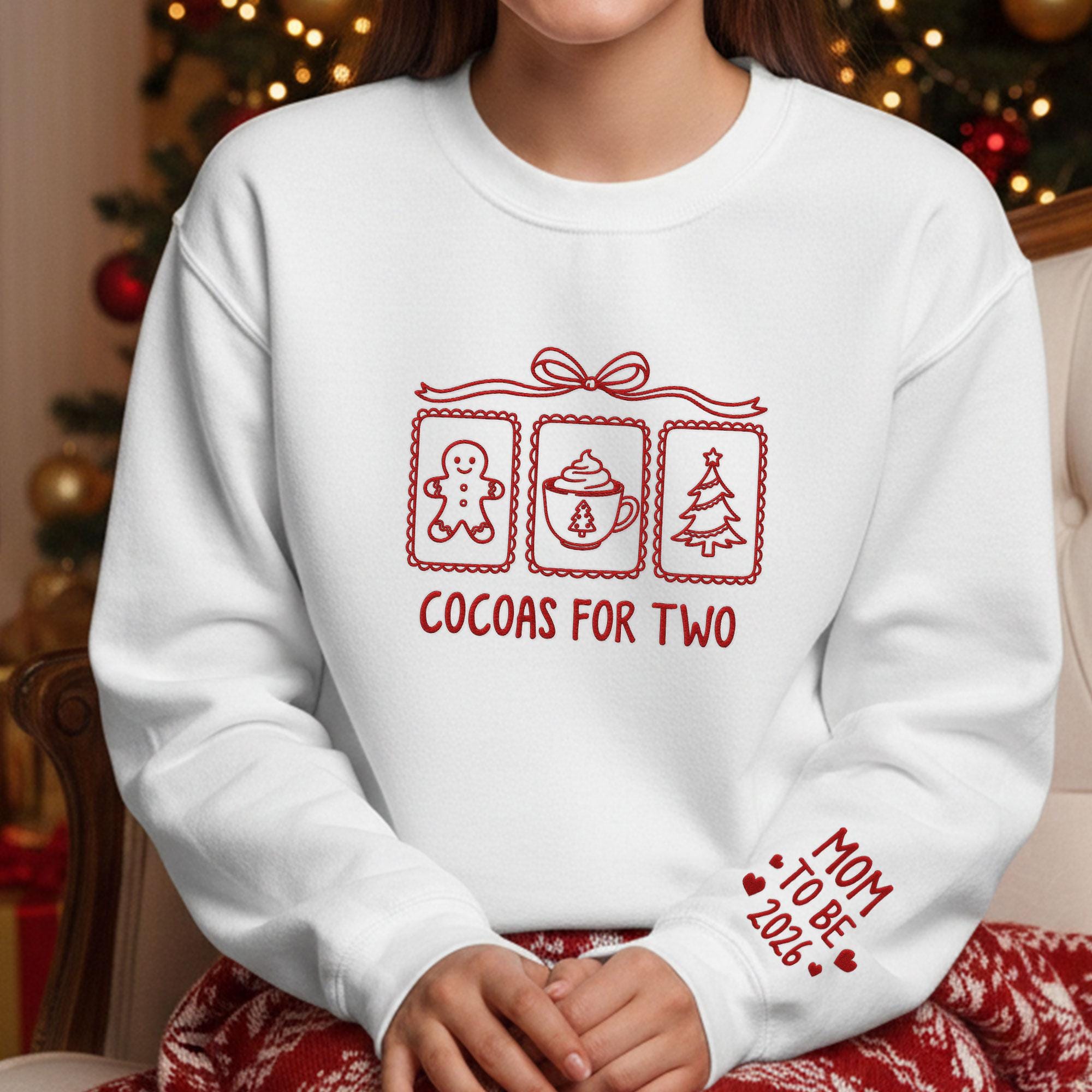 Pregnancy Sweatshirt: Cocoas for Two Embroidered Pullover, Mom-to-Be 2026 Maternity Holiday Apparel