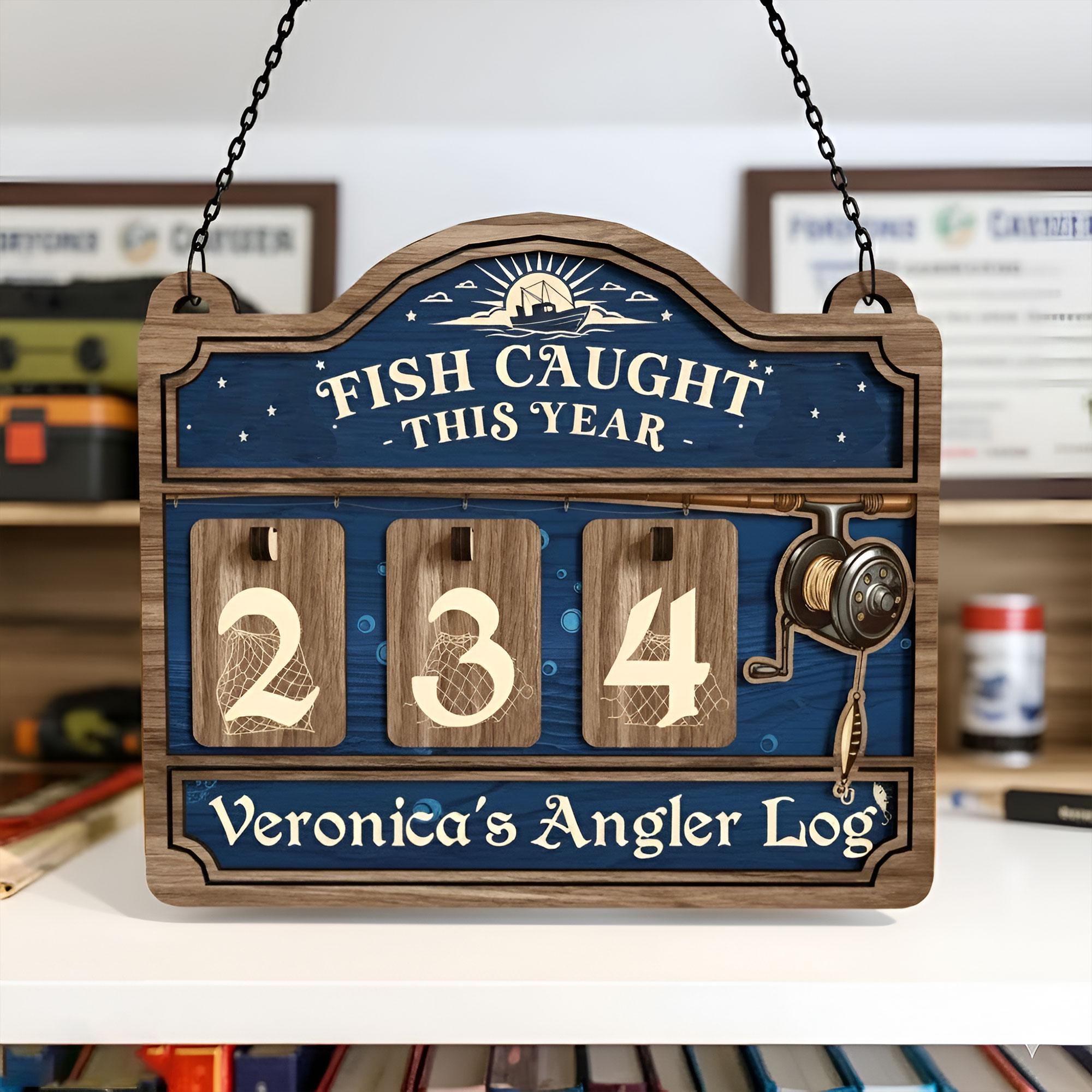 Personalized Fisher Tracker Sign: Fish Caught This Year Counter, Angler Log Cabin Decor