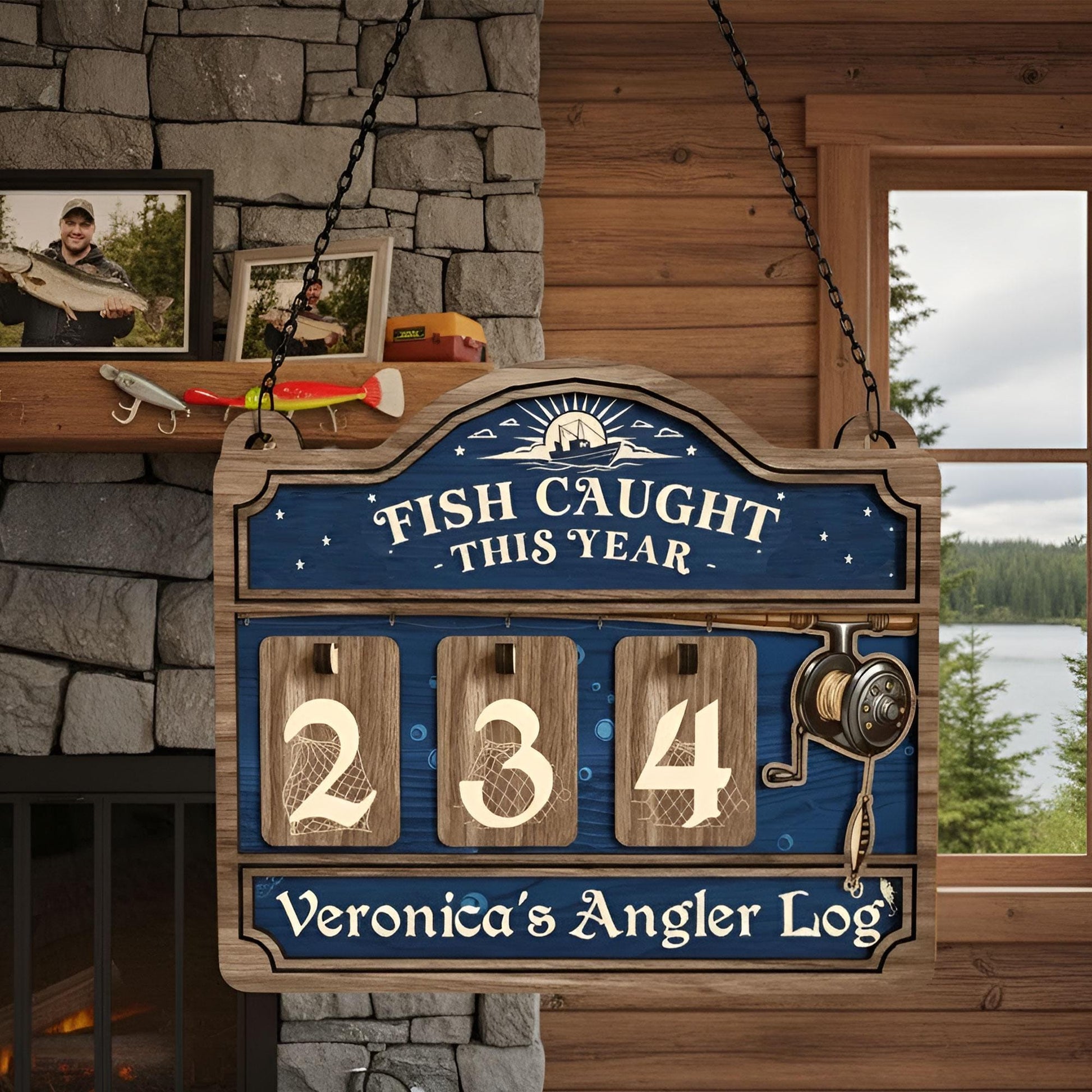 Personalized Fisher Tracker Sign: Fish Caught This Year Counter, Angler Log Cabin Decor