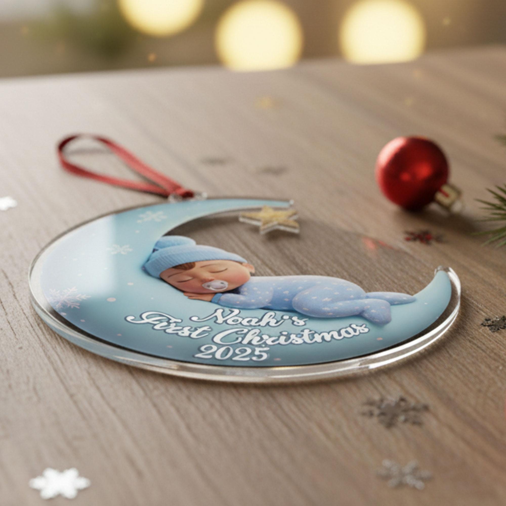 Custom Baby First Christmas Ornament: Personalized Crescent Moon Keepsake, Infant Holiday 2025 Newborn Gift