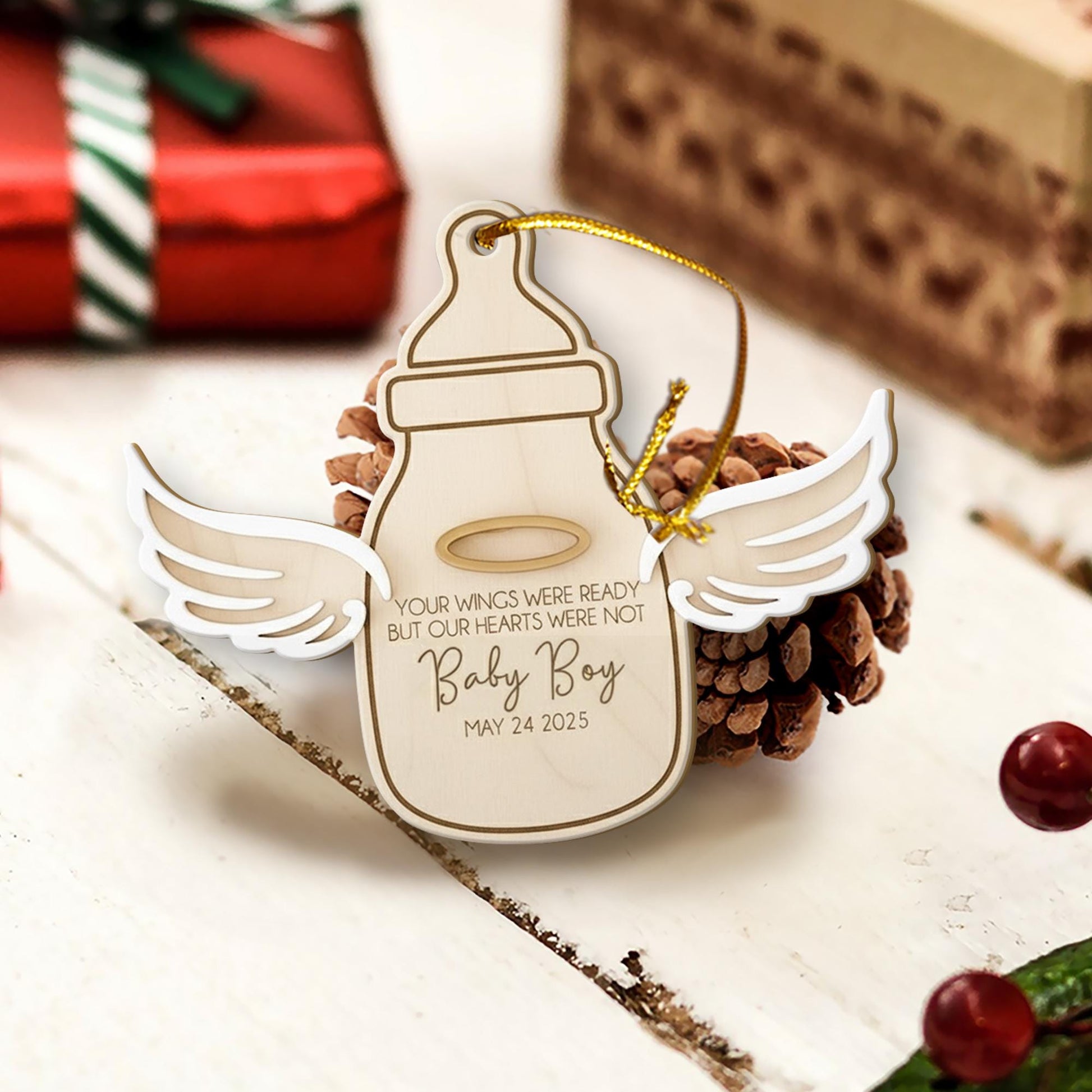 Personalized Wood Infant Memorial Ornament: Angel Wings Bereavement Keepsake, Custom Baby Loss Sympathy Decor