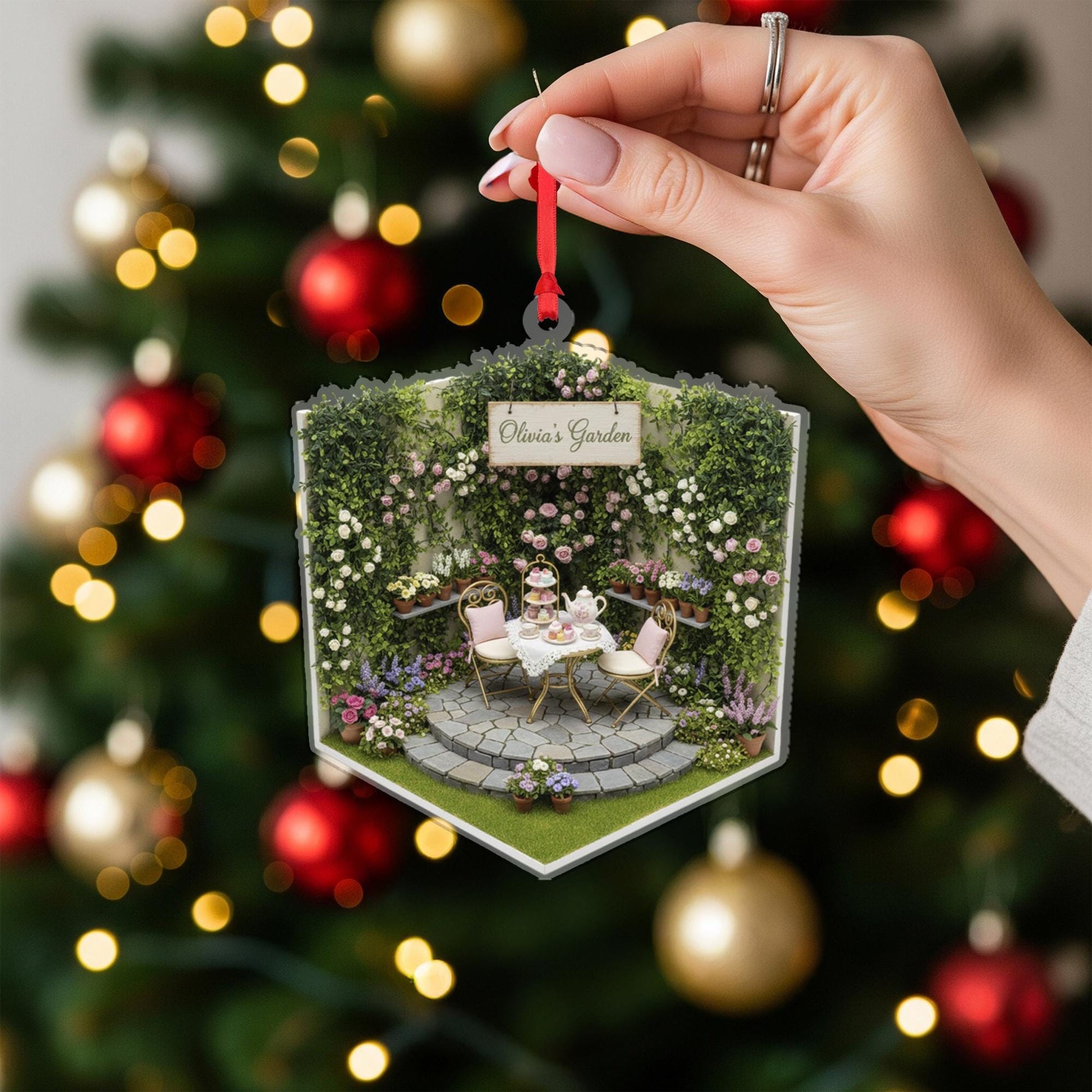Personalized Garden Ornament – Custom Name Tea Party Decoration, Floral Patio Acrylic Ornament
