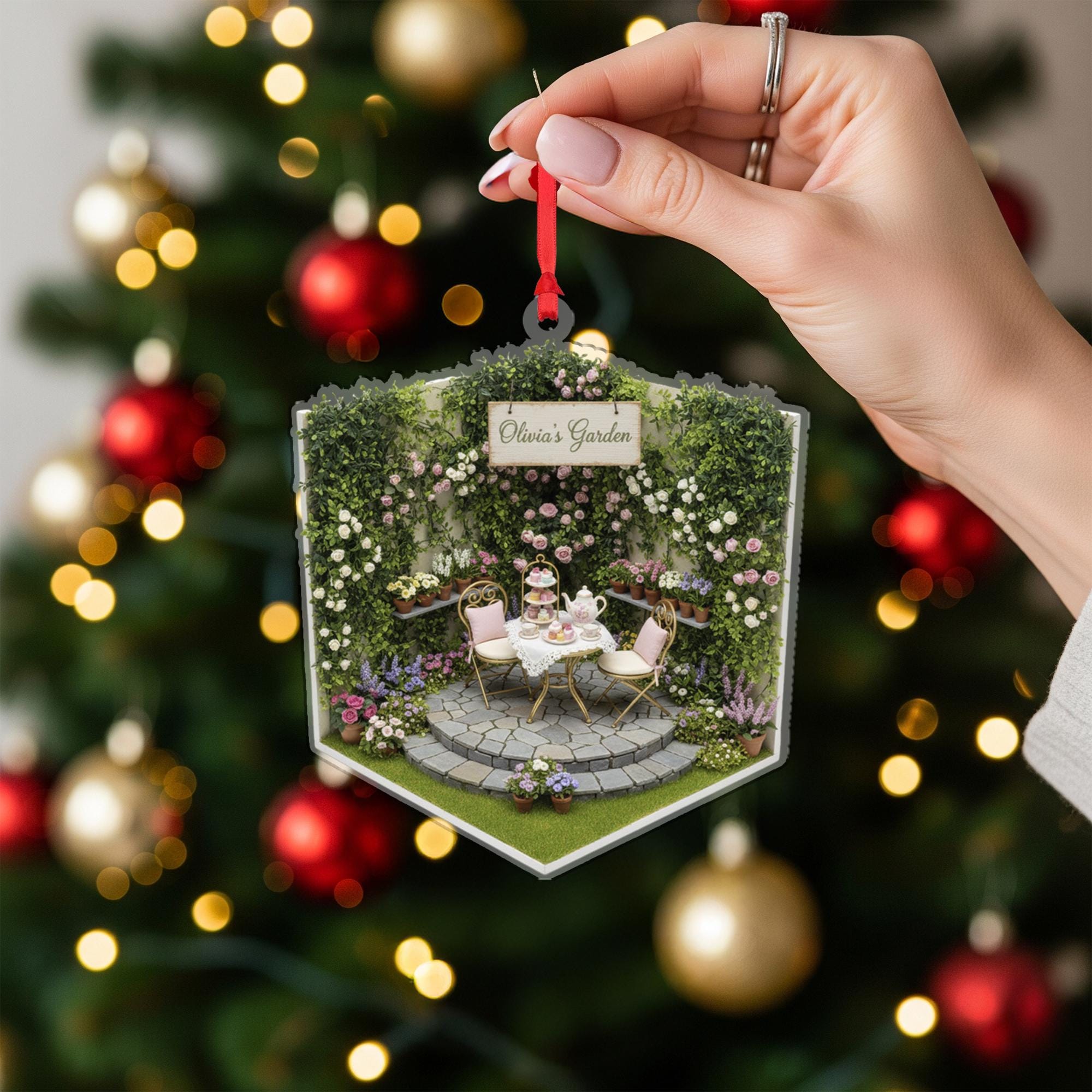 Personalized Garden Ornament – Custom Name Tea Party Decoration, Floral Patio Acrylic Ornament