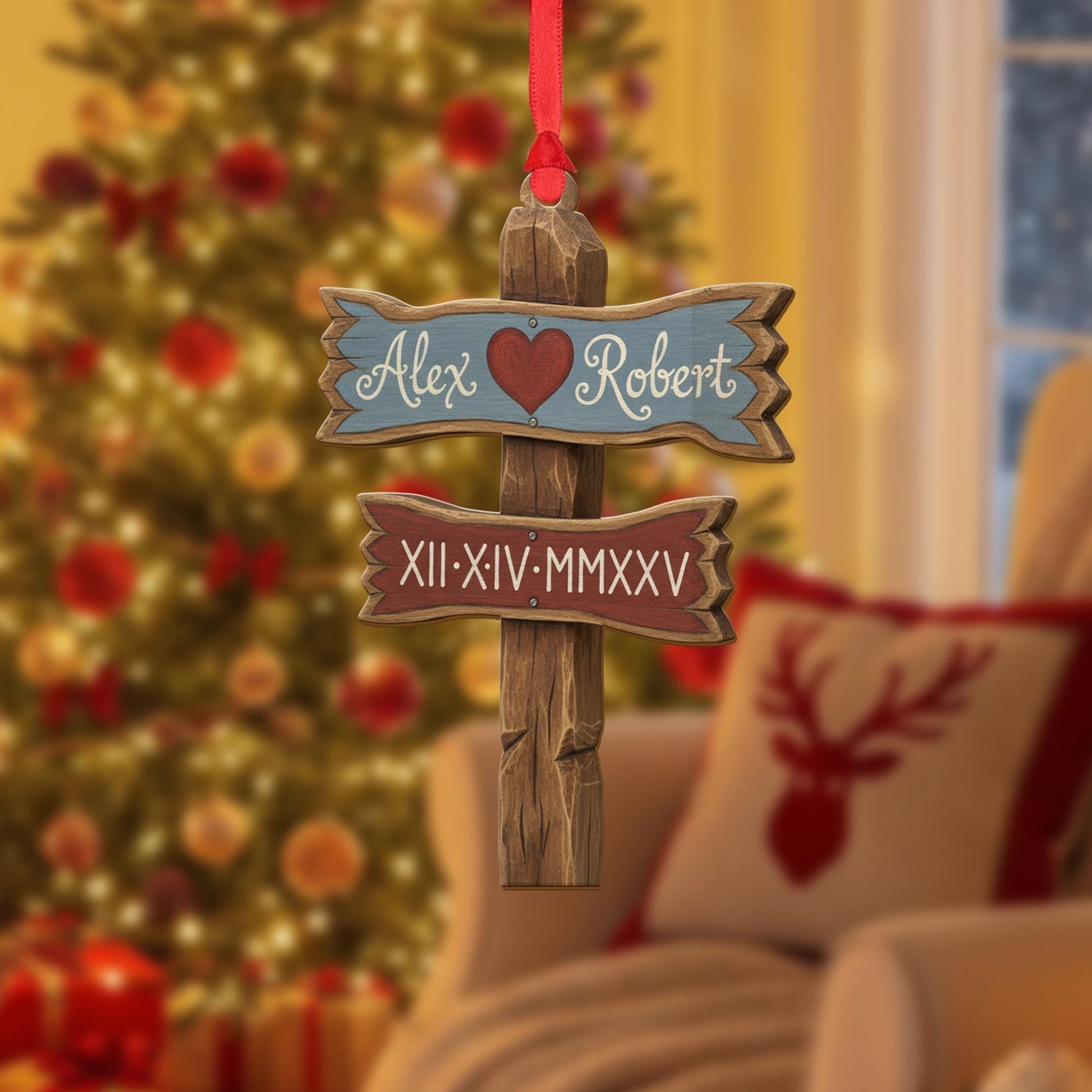 Personalized Couple Ornament – Custom Name Date Decoration, Rustic Signpost Acrylic Ornament