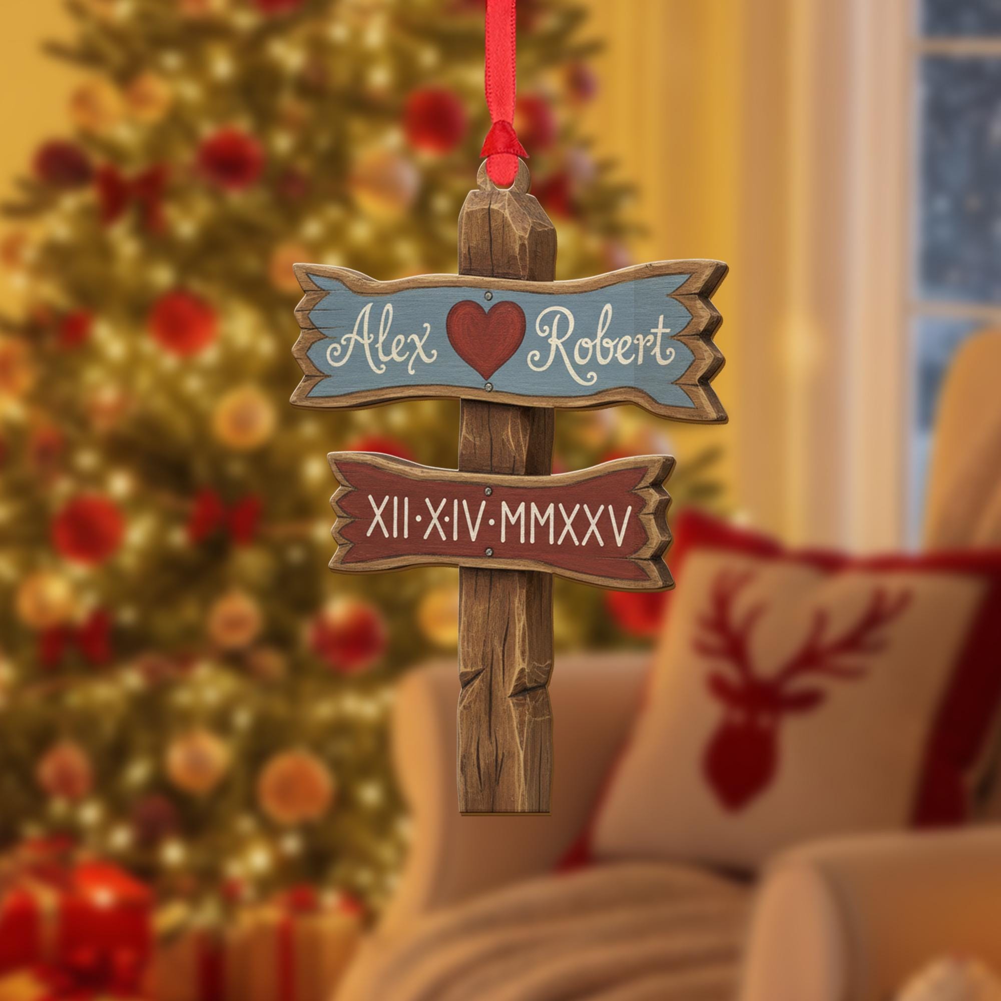 Personalized Couple Ornament – Custom Name Date Decoration, Rustic Signpost Acrylic Ornament