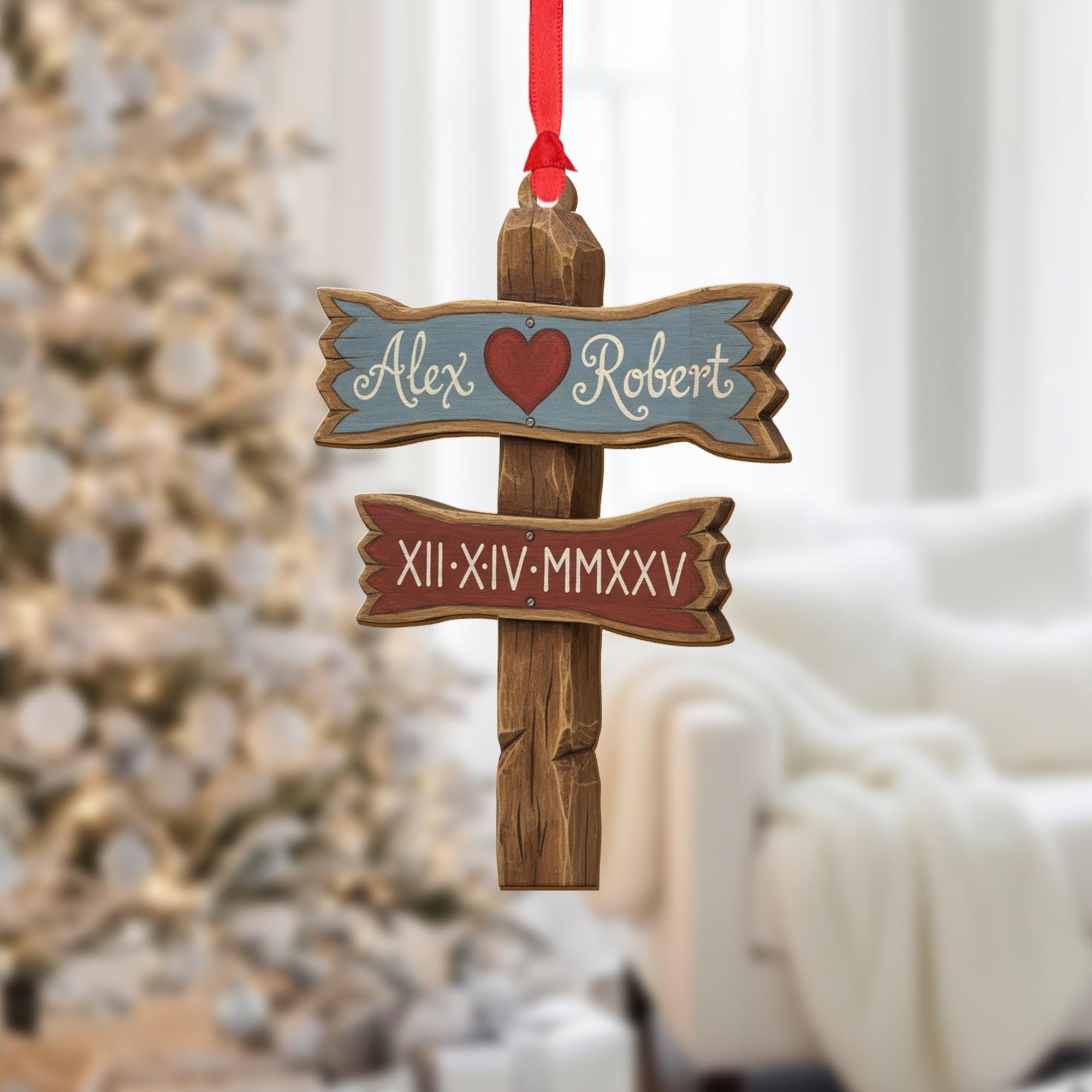 Personalized Couple Ornament – Custom Name Date Decoration, Rustic Signpost Acrylic Ornament
