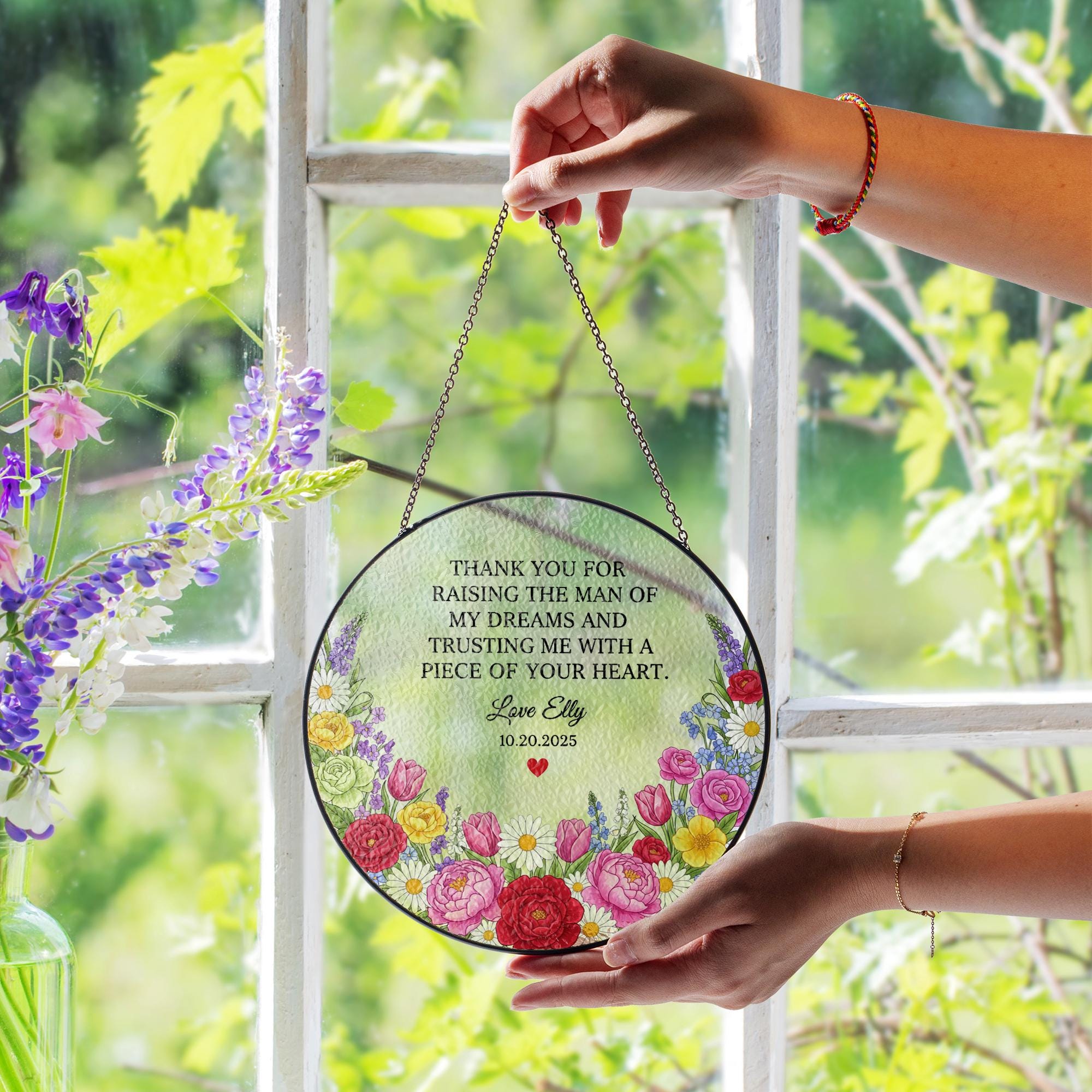Personalized Glass Suncatcher: Personalized Floral Mother-of-Groom Quote & Name