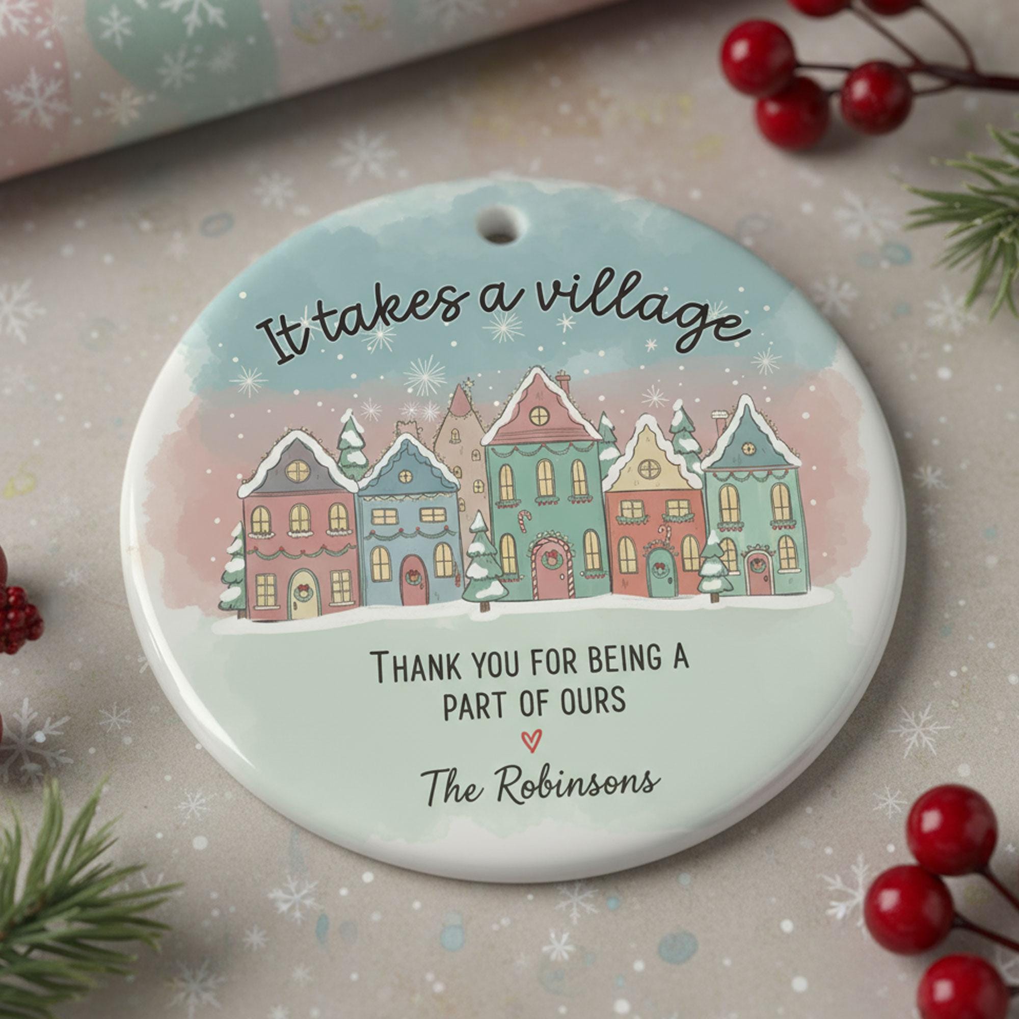 Personalized Christmas Ornament: Snowy Village Gift for Neighbours