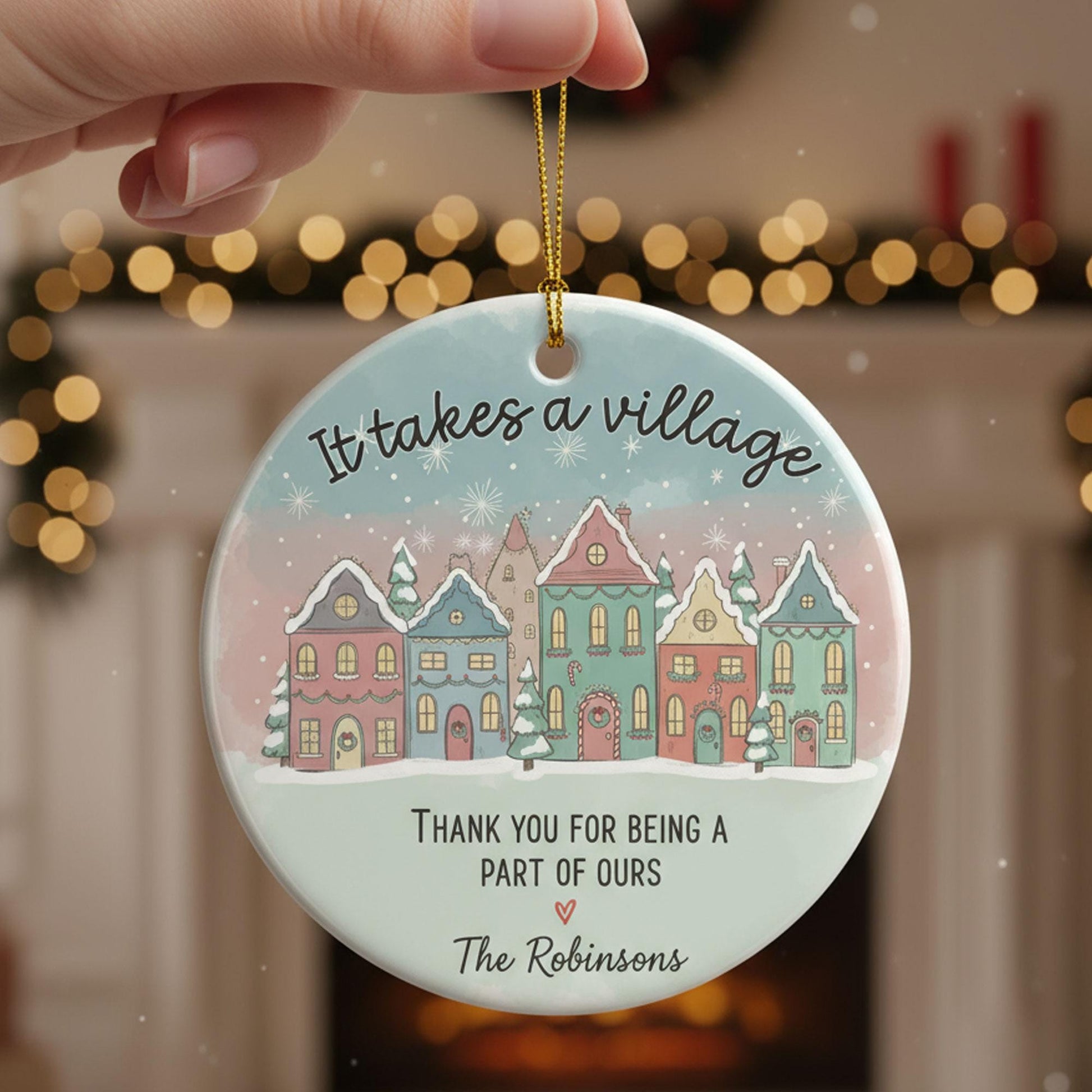 Personalized Christmas Ornament: Snowy Village Gift for Neighbours