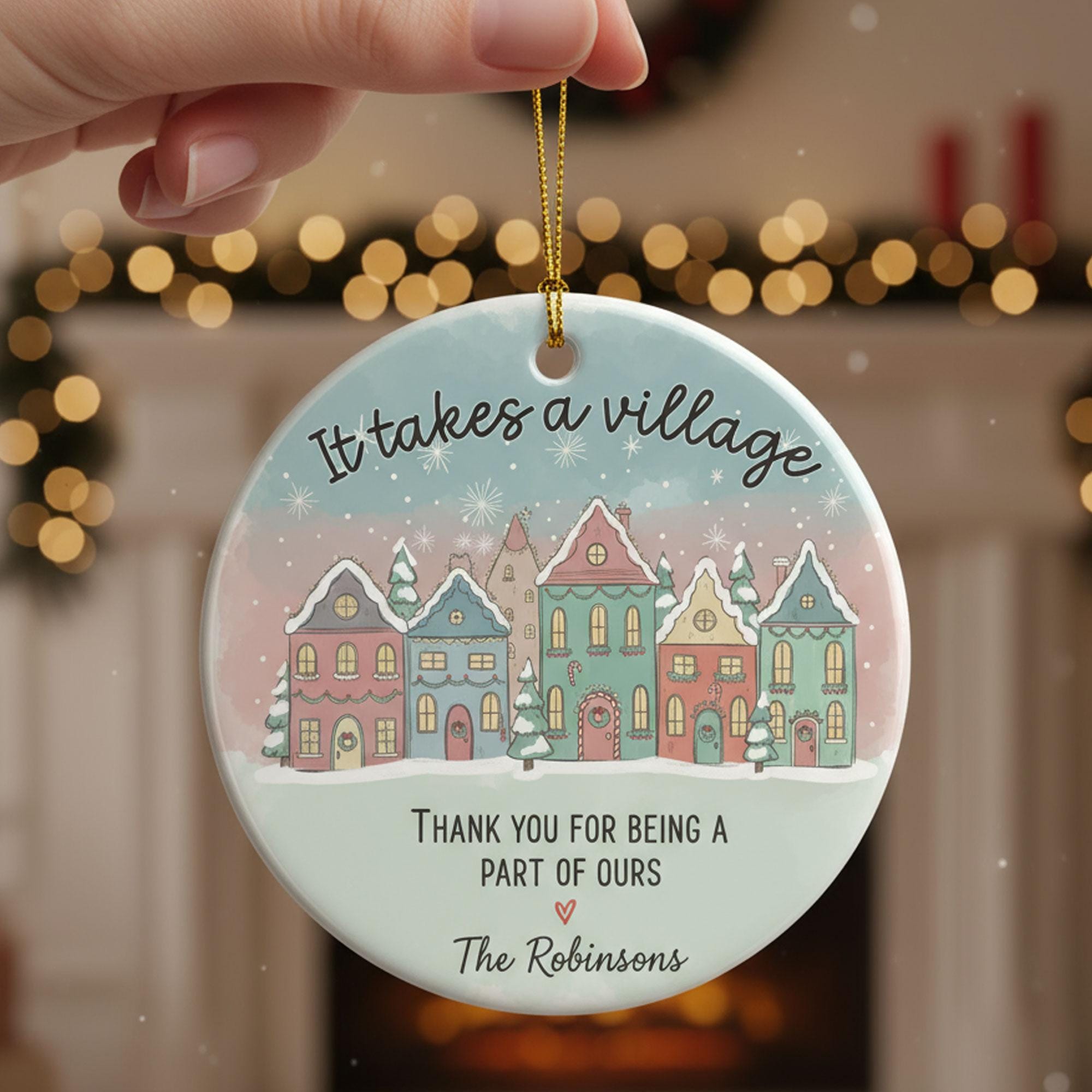 Personalized Christmas Ornament: Snowy Village Gift for Neighbours