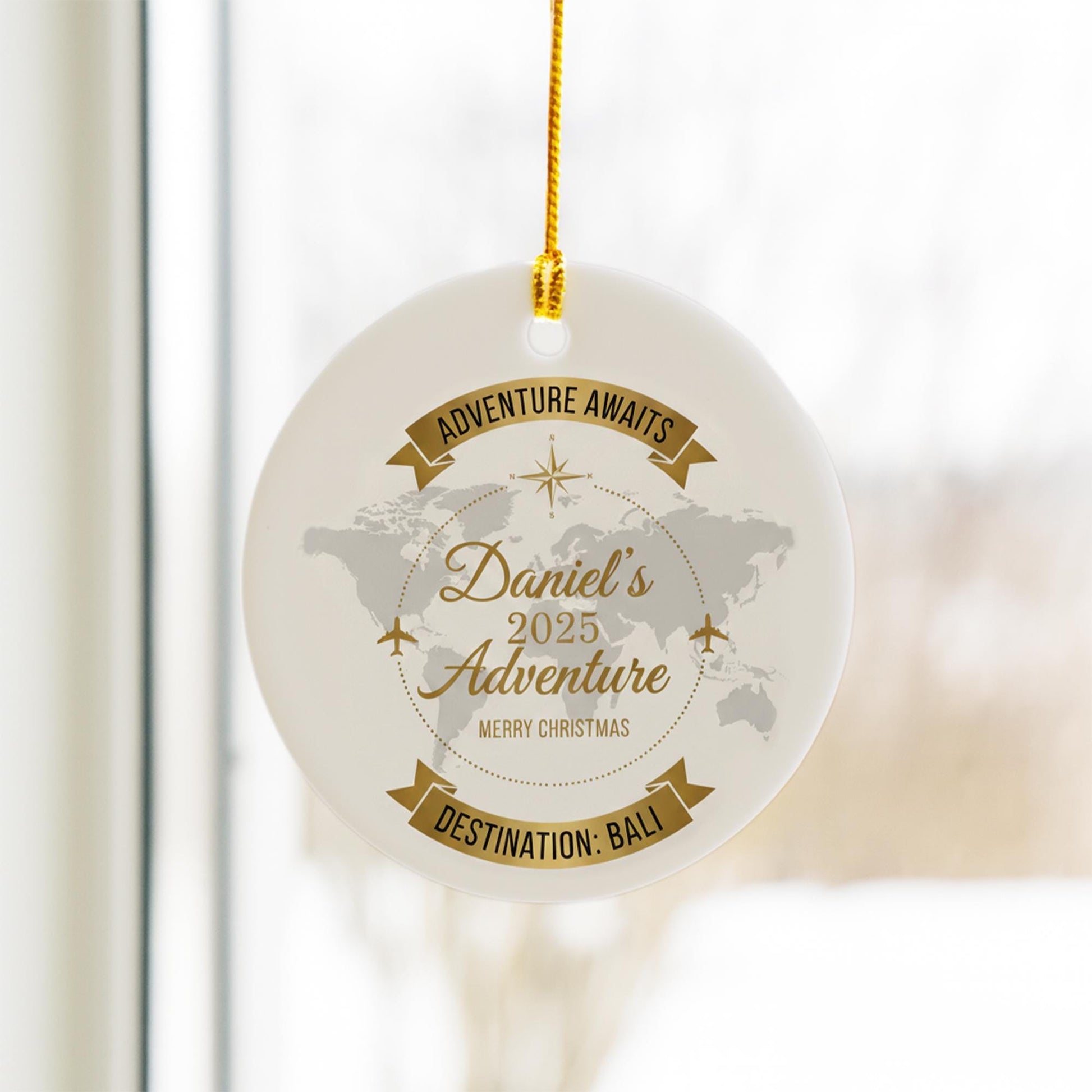 Personalized Destination Travel Ornament: Custom Vacation Keepsake with World Map Design