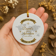 Personalized Destination Travel Ornament: Custom Vacation Keepsake with World Map Design