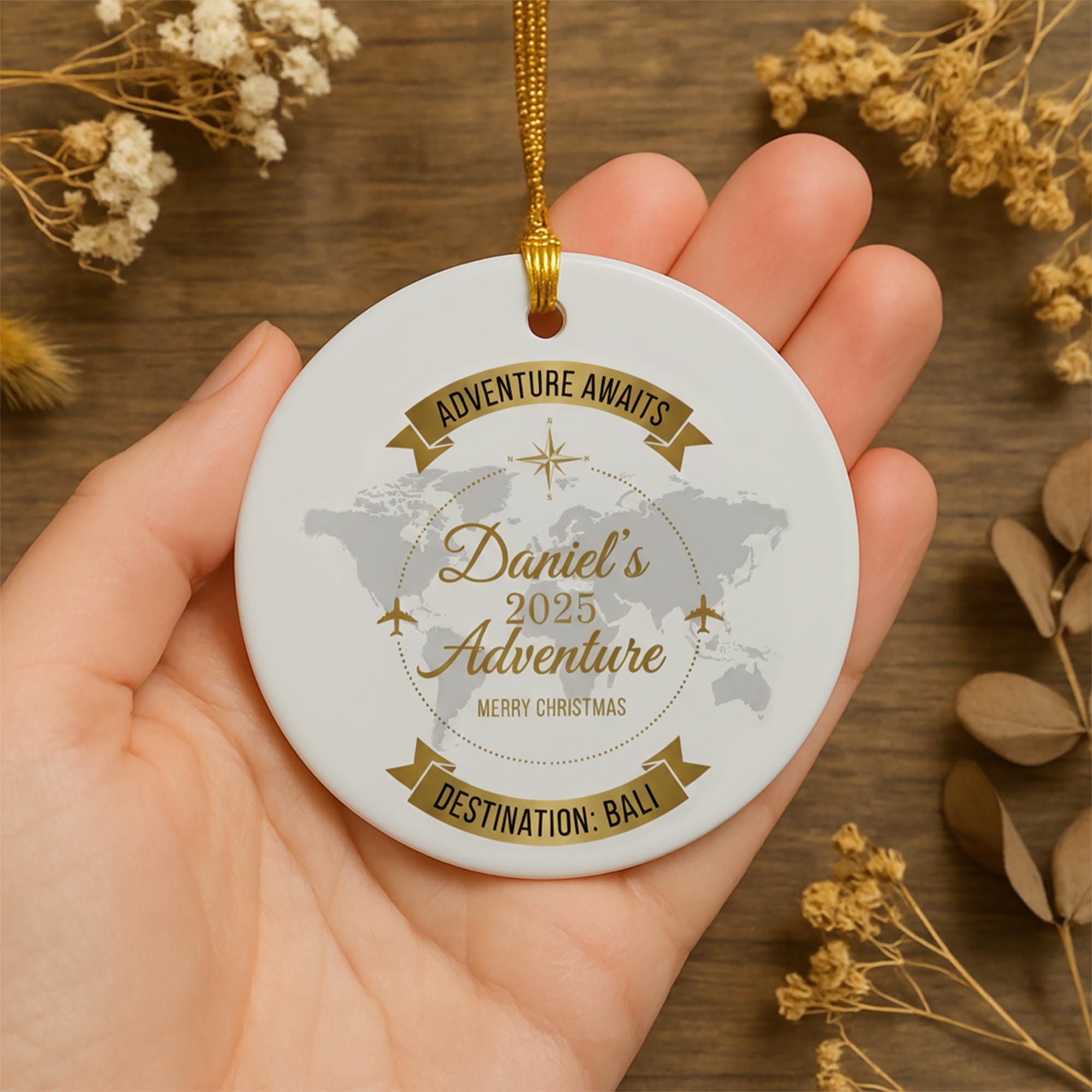 Personalized Destination Travel Ornament: Custom Vacation Keepsake with World Map Design