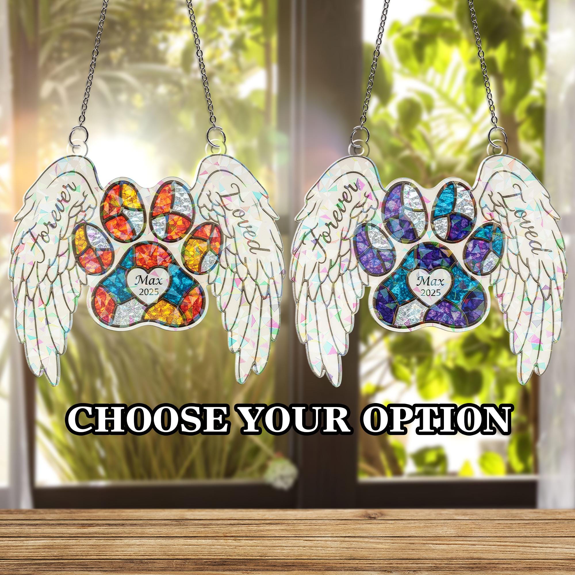 Personalized Pet Memorial Suncatcher: Holographic Paw Print with Angel Wings
