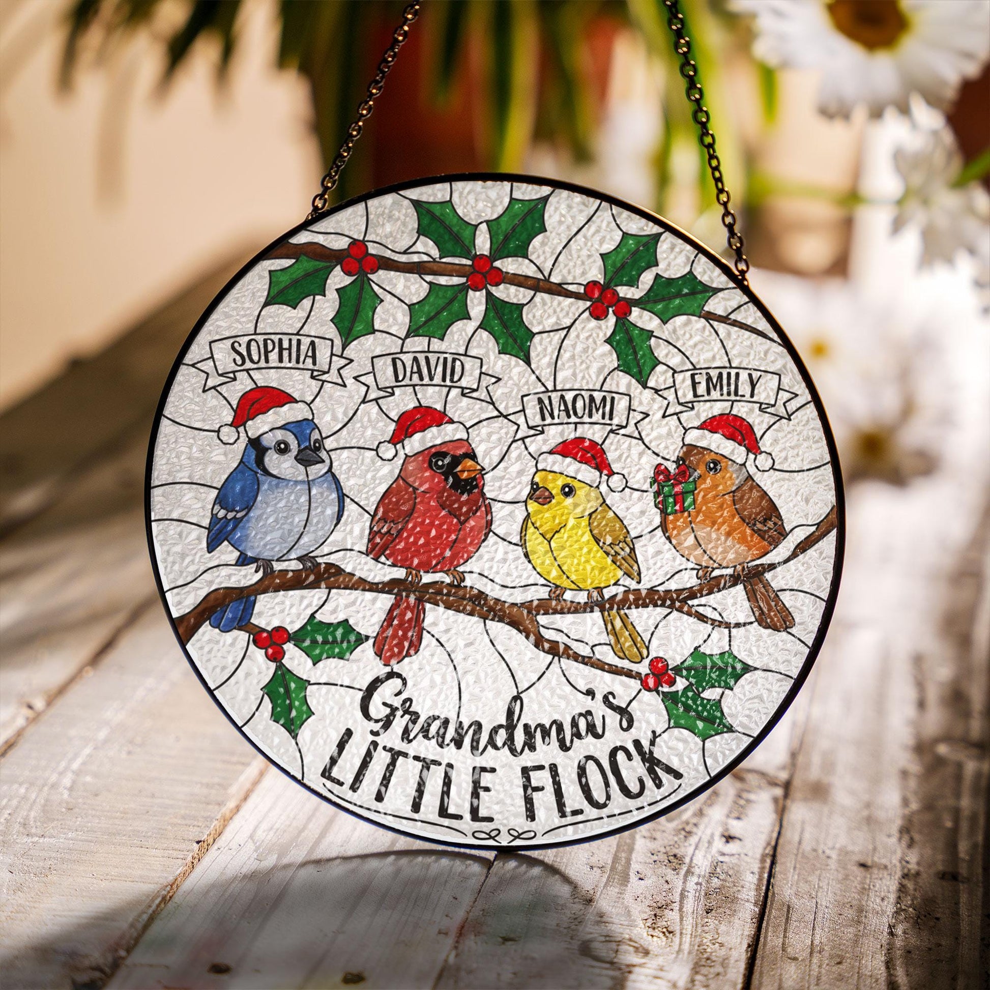 Personalized Grandma's Flock Glass Suncatcher: Custom Grandkids Christmas Ornament