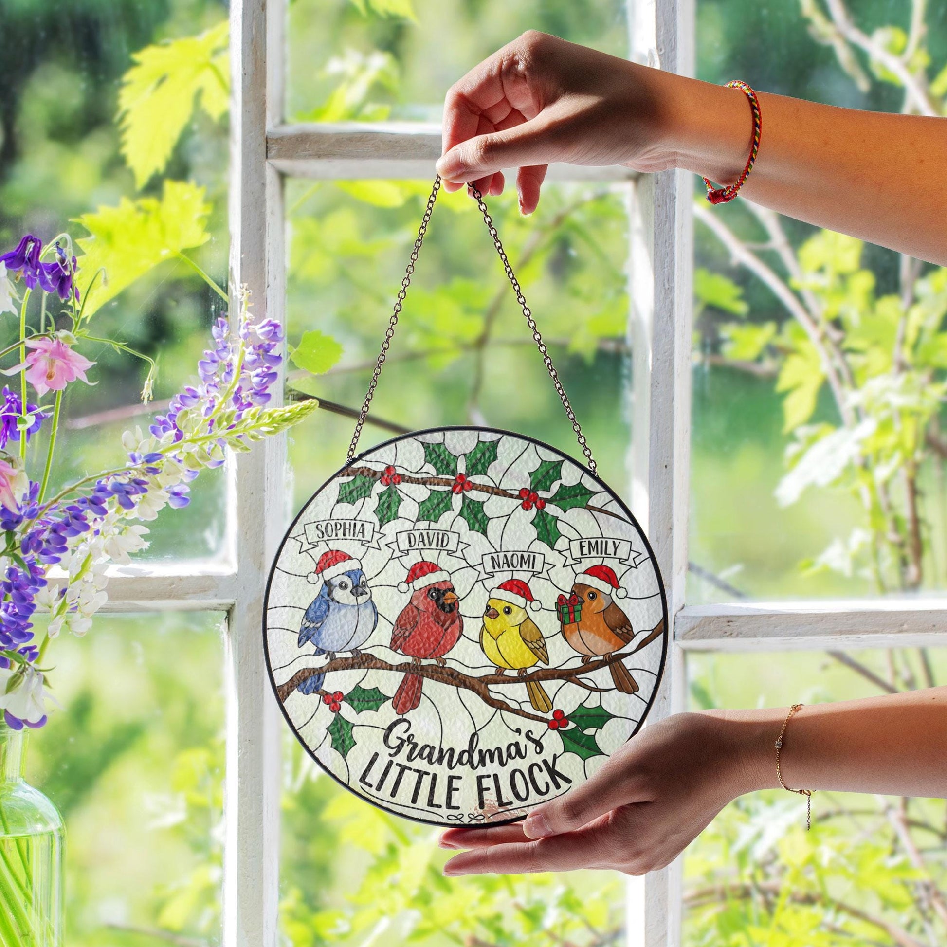 Personalized Grandma's Flock Glass Suncatcher: Custom Grandkids Christmas Ornament