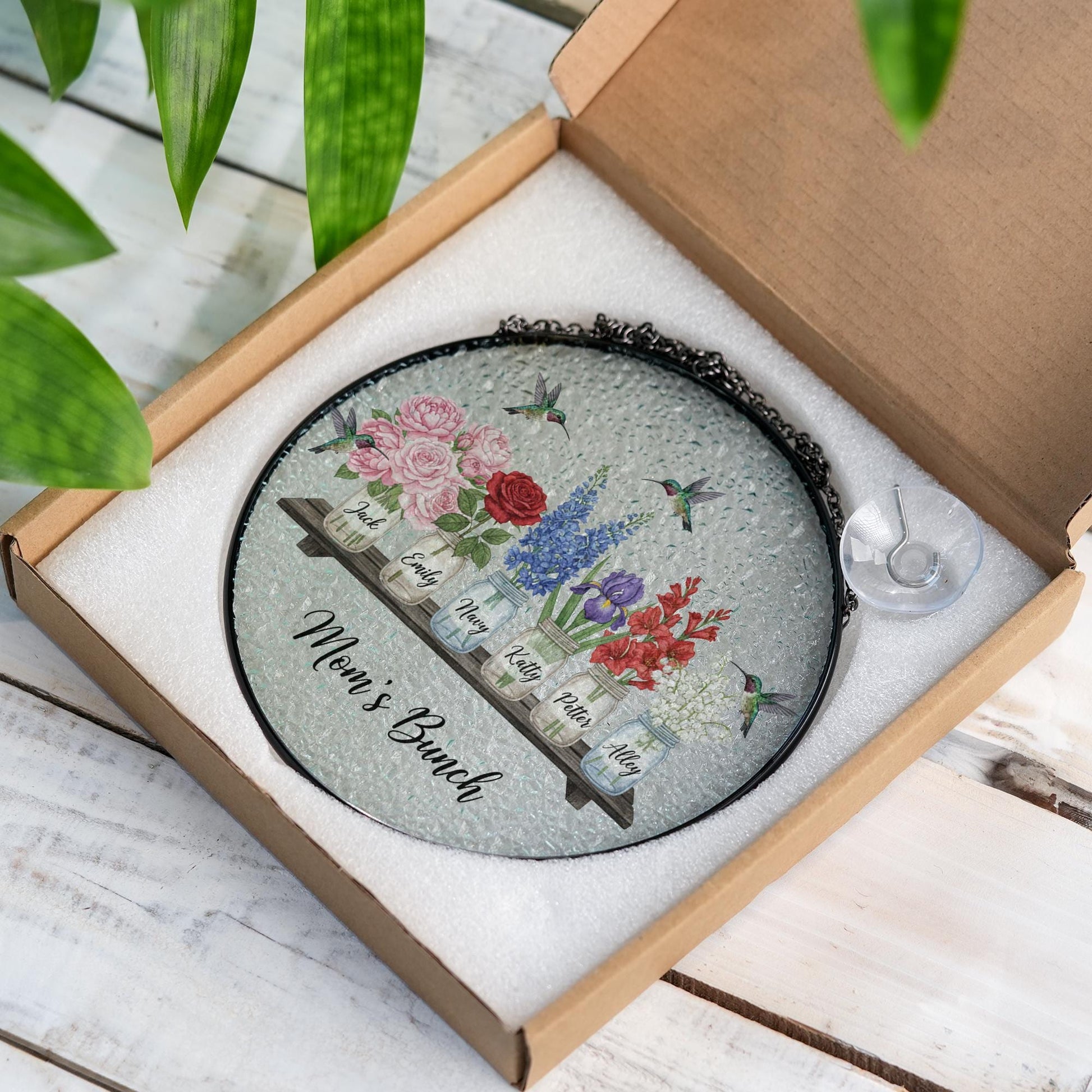 Personalized Glass Suncatcher: Mom’s Bunch Floral Window Hanging
