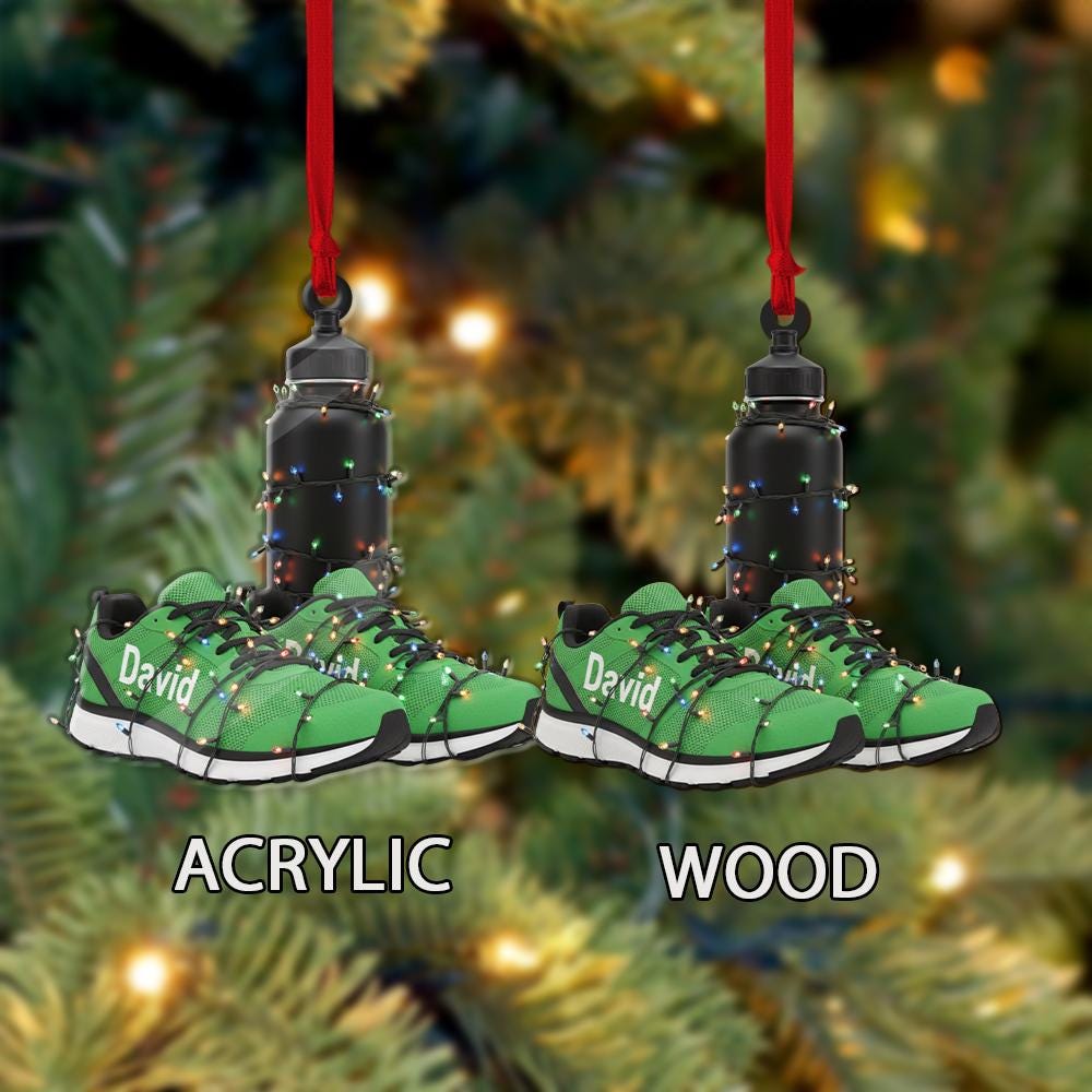 Personalized Running Shoes Christmas Ornament – Custom Name Fitness Gift with Water Bottle