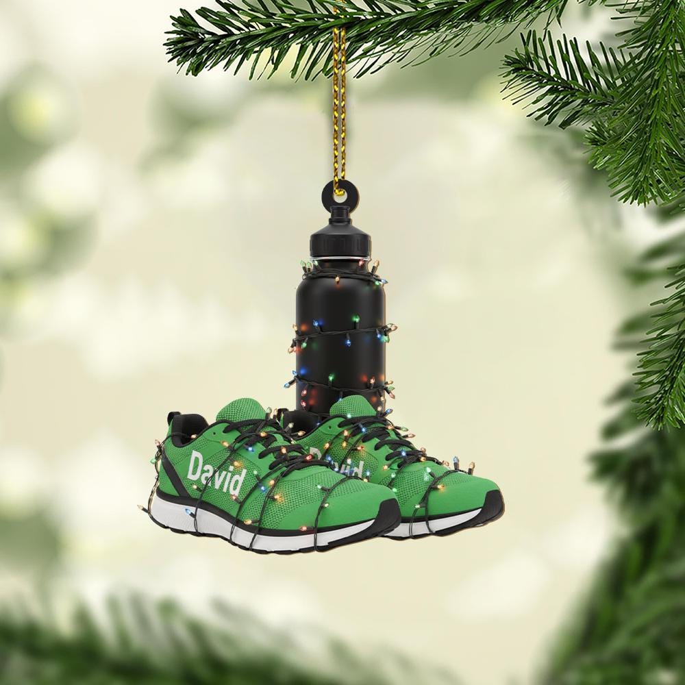 Personalized Running Shoes Christmas Ornament – Custom Name Fitness Gift with Water Bottle