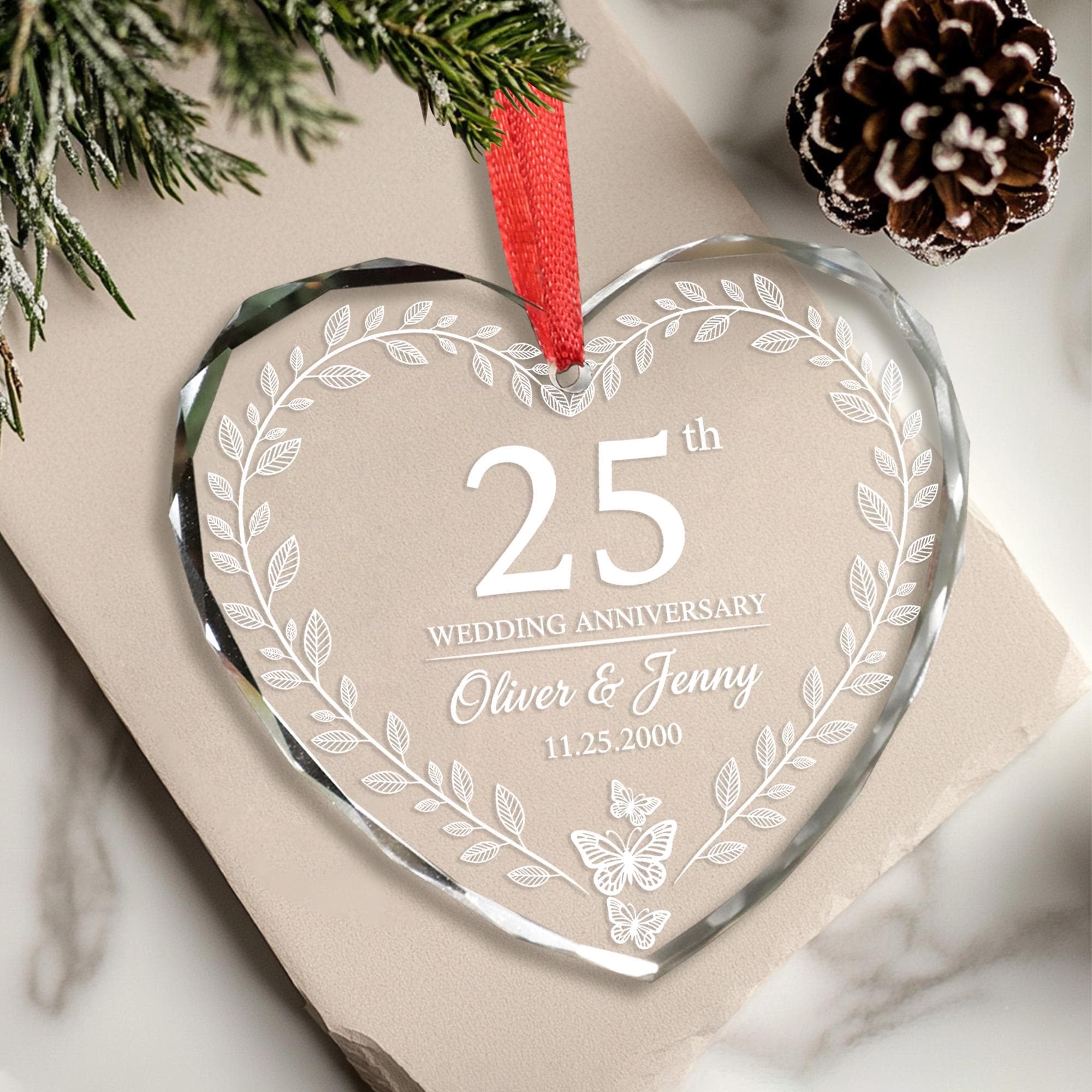 Personalized Glass Anniversary Ornament – Wedding Heart Keepsake