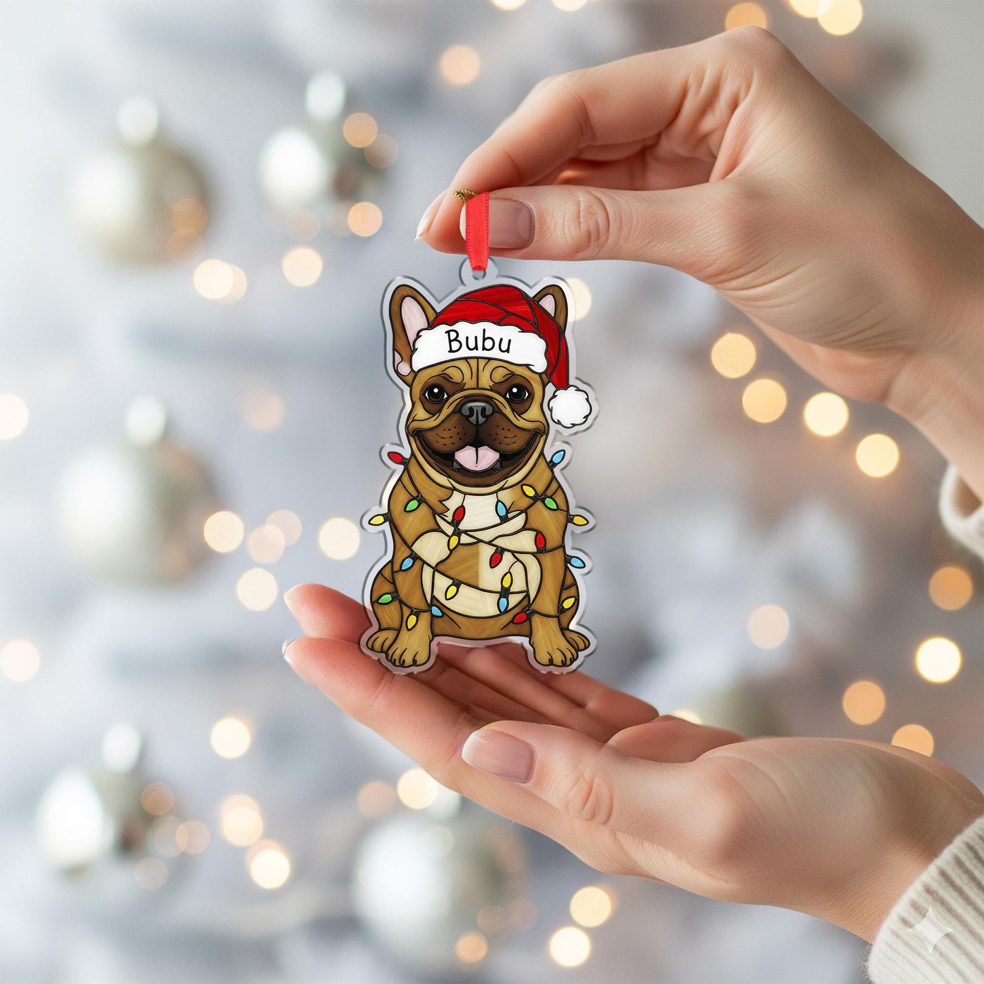 Custom Dog Christmas Ornament – Personalized French Bulldog with Santa Hat & Lights, Pet Name Decoration