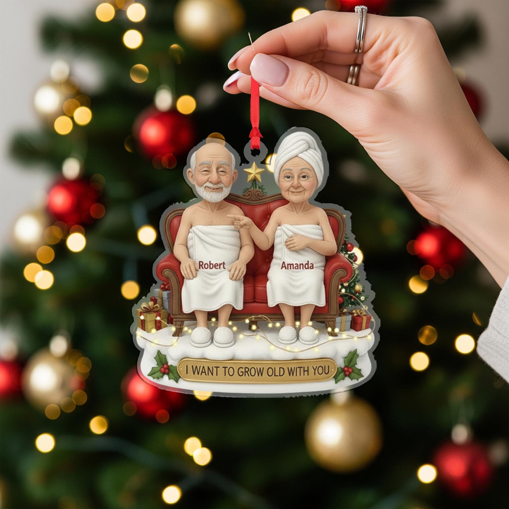 Custom Couple Christmas Ornament – Personalized Older Couple on Couch Decoration, Holiday Keepsake with Names