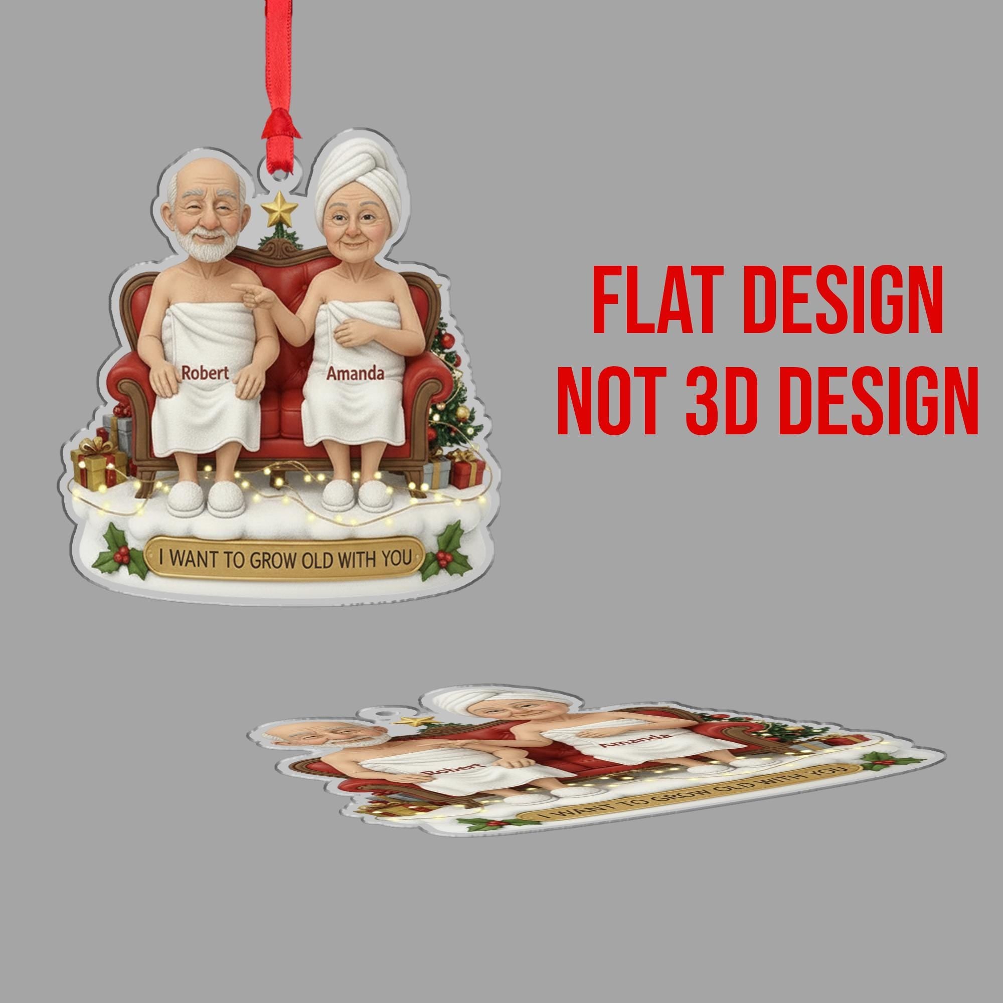 Custom Couple Christmas Ornament – Personalized Older Couple on Couch Decoration, Holiday Keepsake with Names